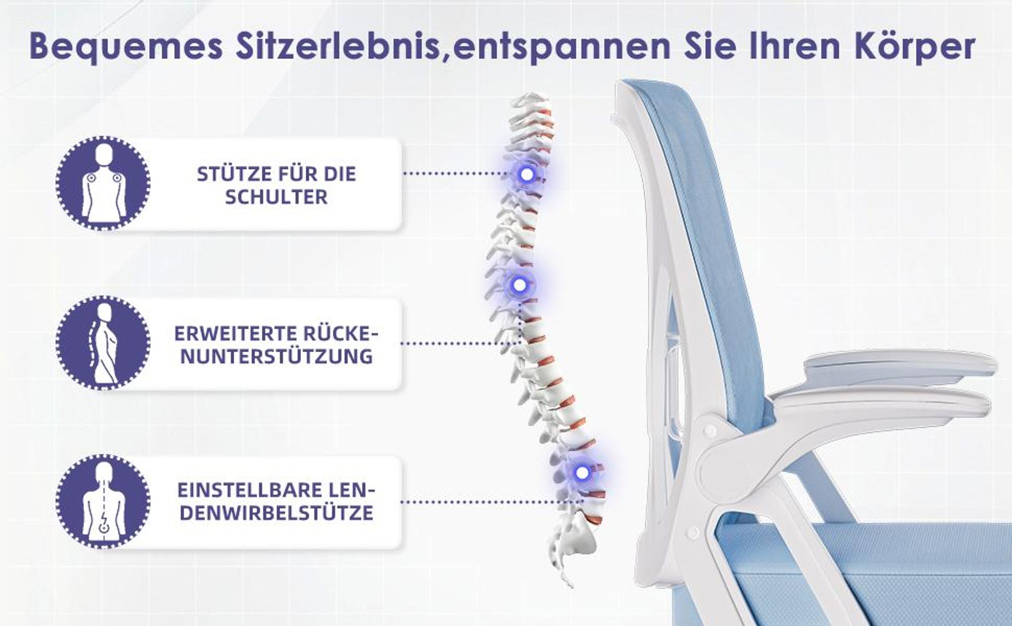 Hiazurm Bürostuhl, Schreibtischstuhl, bürostuhl ergonomisch mit Verstellbaren Armlehnen, höhenverstellbar,S-förmige Lendenstütze,Chefsessel 150kg