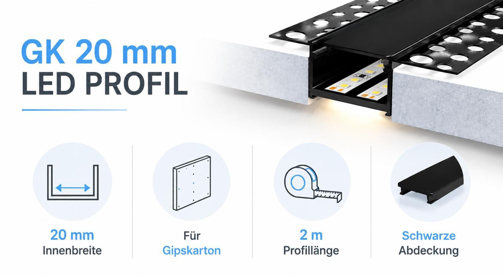 MasterLED LED Trockenbauprofil GK 20 mm Schwarz 2 m Set mit schwarzer Abdeckung