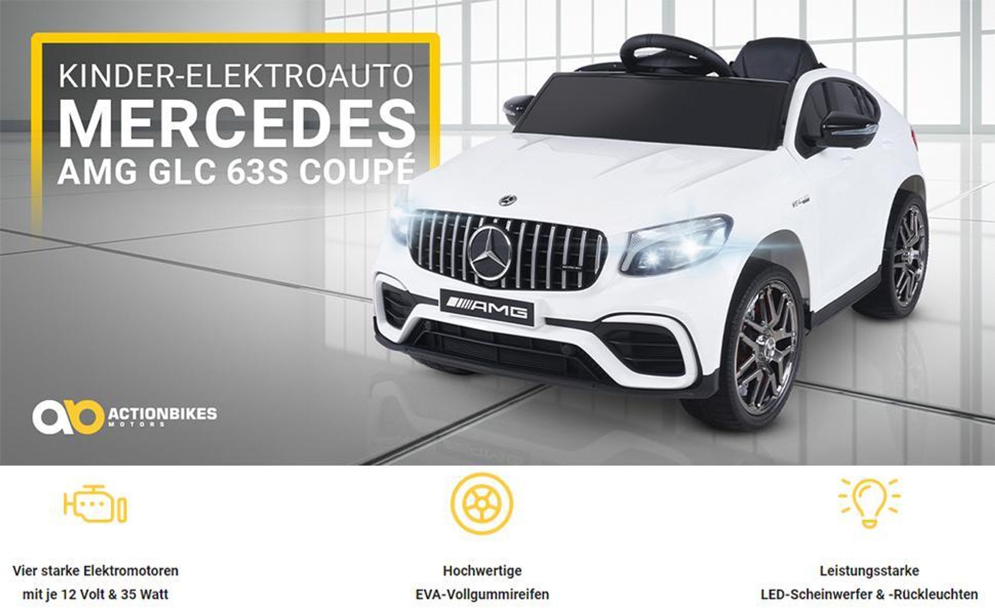 Actionbikes Motors Mercedes Benz AMG GLC 63S | Kinder Elektro Auto - Coupé - Fernbedienung - 4x4 Allrad - Sound - 140 Watt - ab 3 Jahren (Weiß)