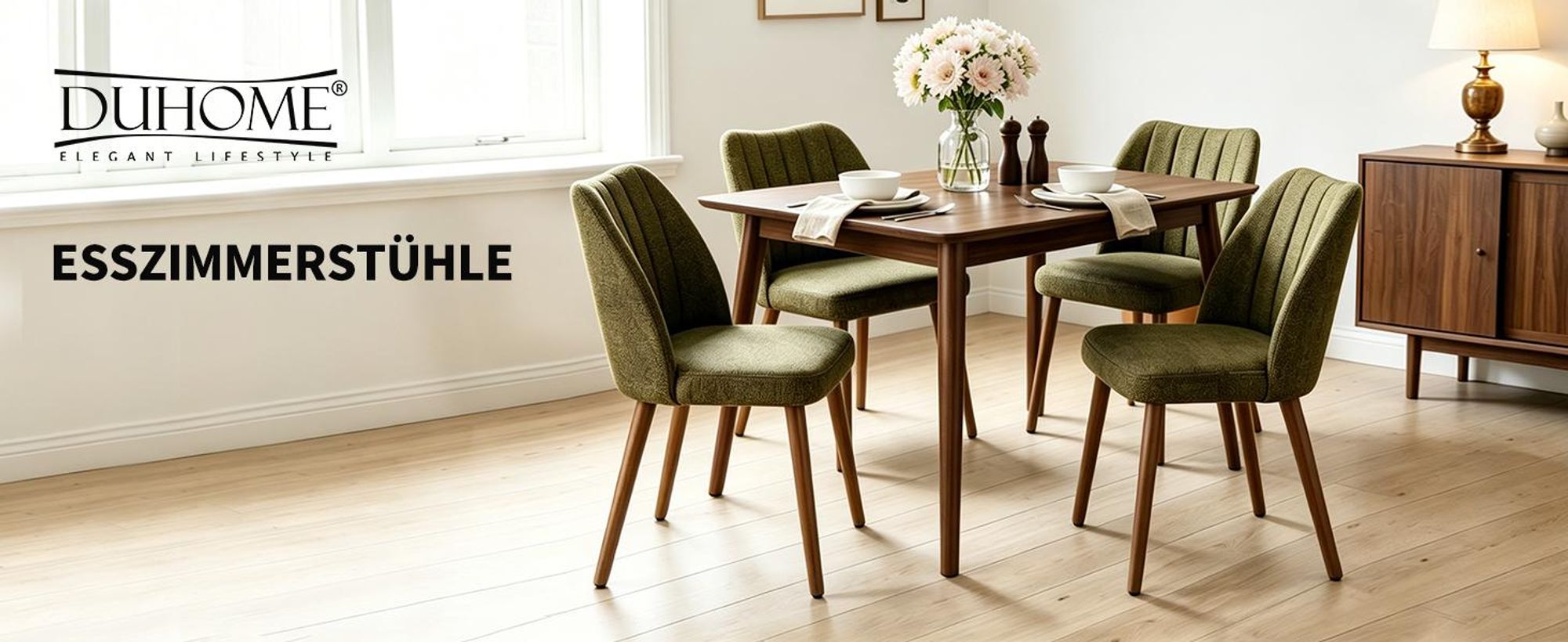 Duhome Esszimmerstuhl 2er Set Leinenstuhl Gepolstert mit Holzbeinen Modern Küchenstuhl für Esszimmer Wohnzimmer Küche, Grün