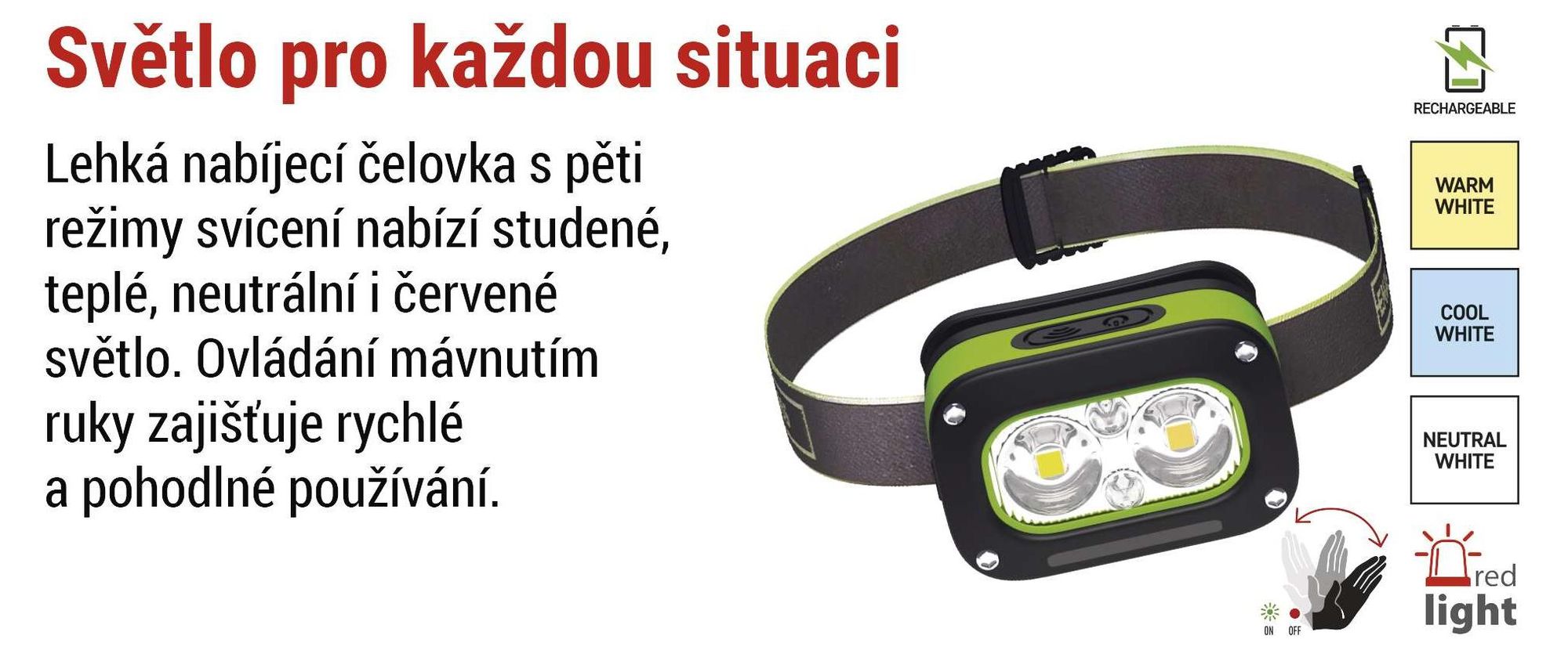 EMOS Nabíjecí čelovka se senzorem pohybu a 5 režimy svícení, 175 lm / 50 m / 4,5 h, odolná proti nárazu, Li-pol akumulátor 800 mAh, venkovní, P3545