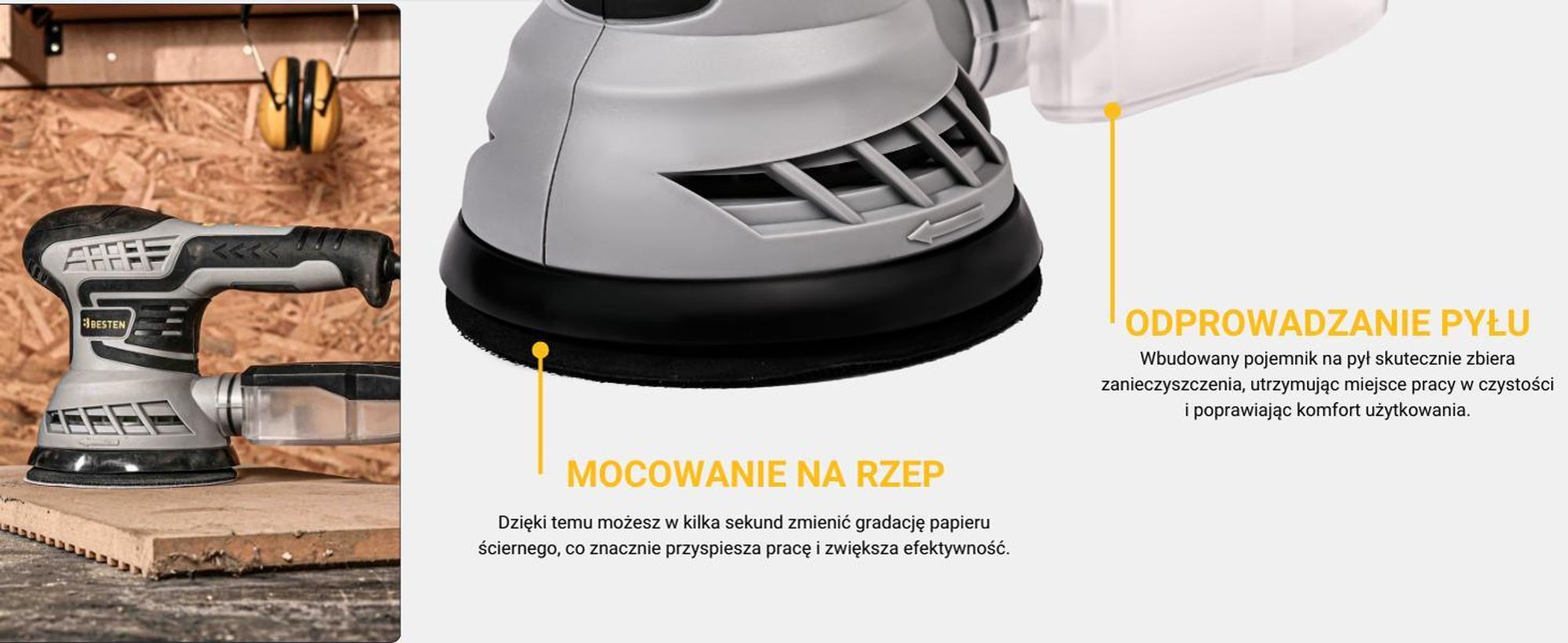 Szlifierka oscylacyjna mimośrodowa BESTEN 400W, szlifierka rotacyjna, regulacja prędkości, odsysanie pyłu