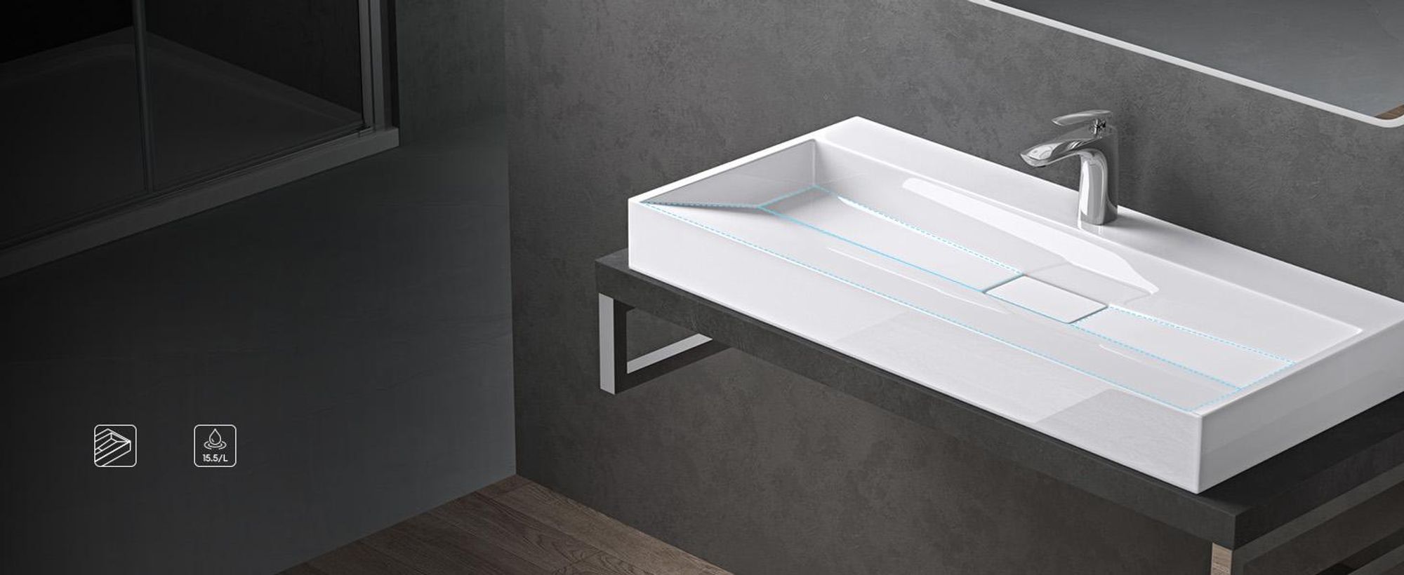 Inclinazione per un drenaggio efficiente Pendenza integrata che permette un rapido def dell’acqua, evitando ristagni nel lavabo.