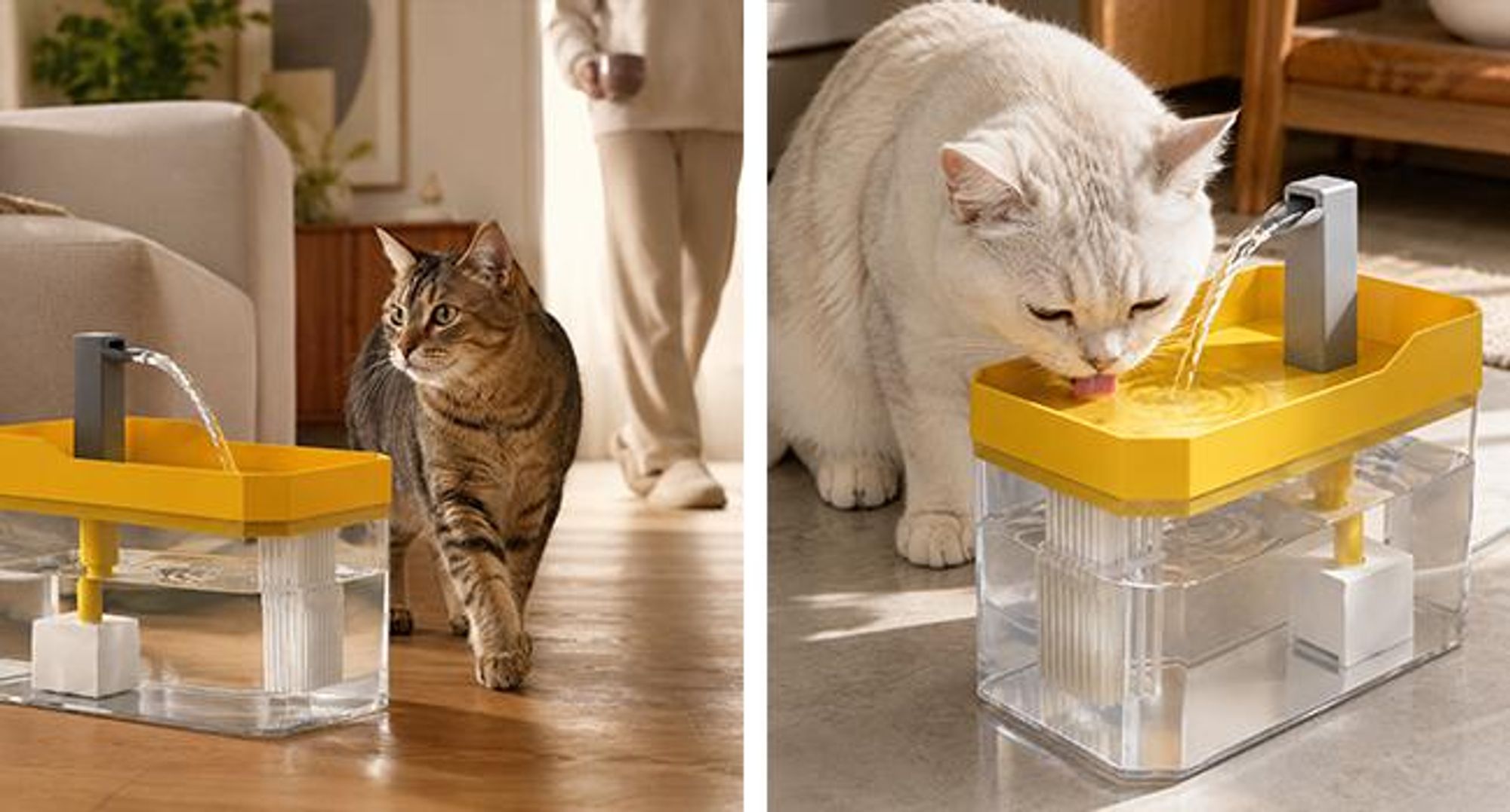KRUMAD Katzenbrunnen 1,5L, Trinkbrunnen für Katzen, Wasserbrunnen, Haustier-Trinkstation, USB, Kunststoff, transparent/gelb, 16,5 x 11,5 x 12 cm