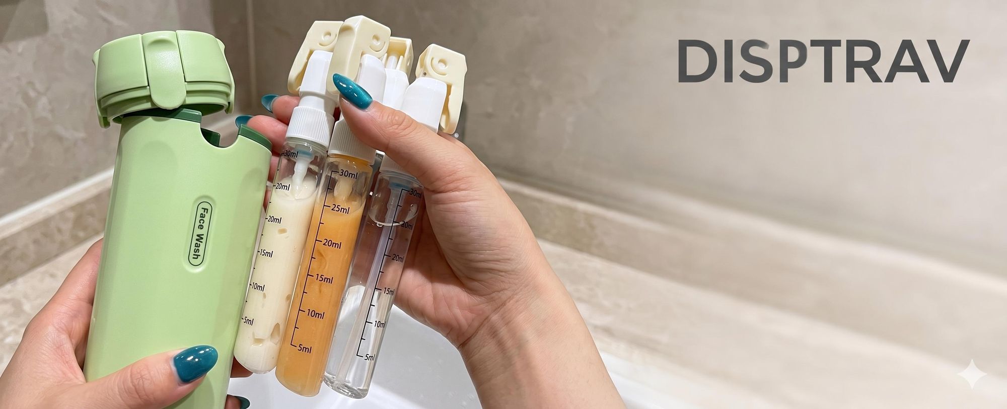 Kompaktes 4in1 Reisespender Set, Nachfüllbare Handgepäck Shampoo Flaschen, Reiseflaschen zum Befüllen - DISPTRAV Grün