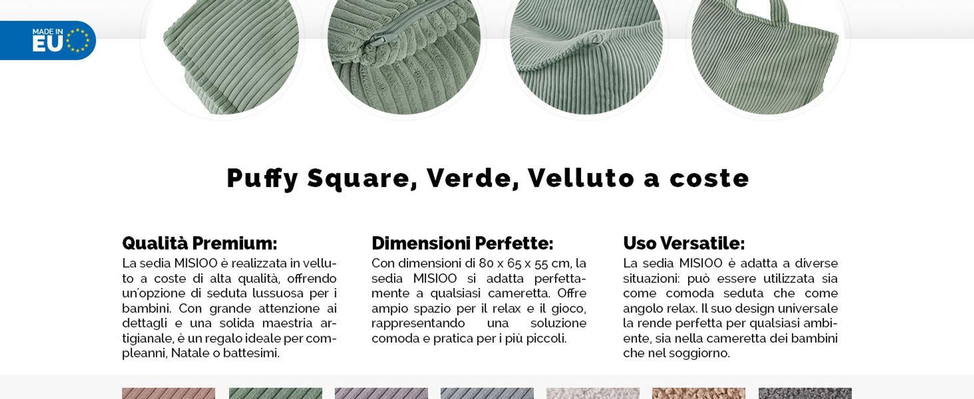 MISIOO Beanbag Kids - Grande beanbag - Grande borsa per bambini - Materiale a coste - 77x67x50 cm - Tessuto lavabile - Maniglia per un facile trasporto - Oliva
