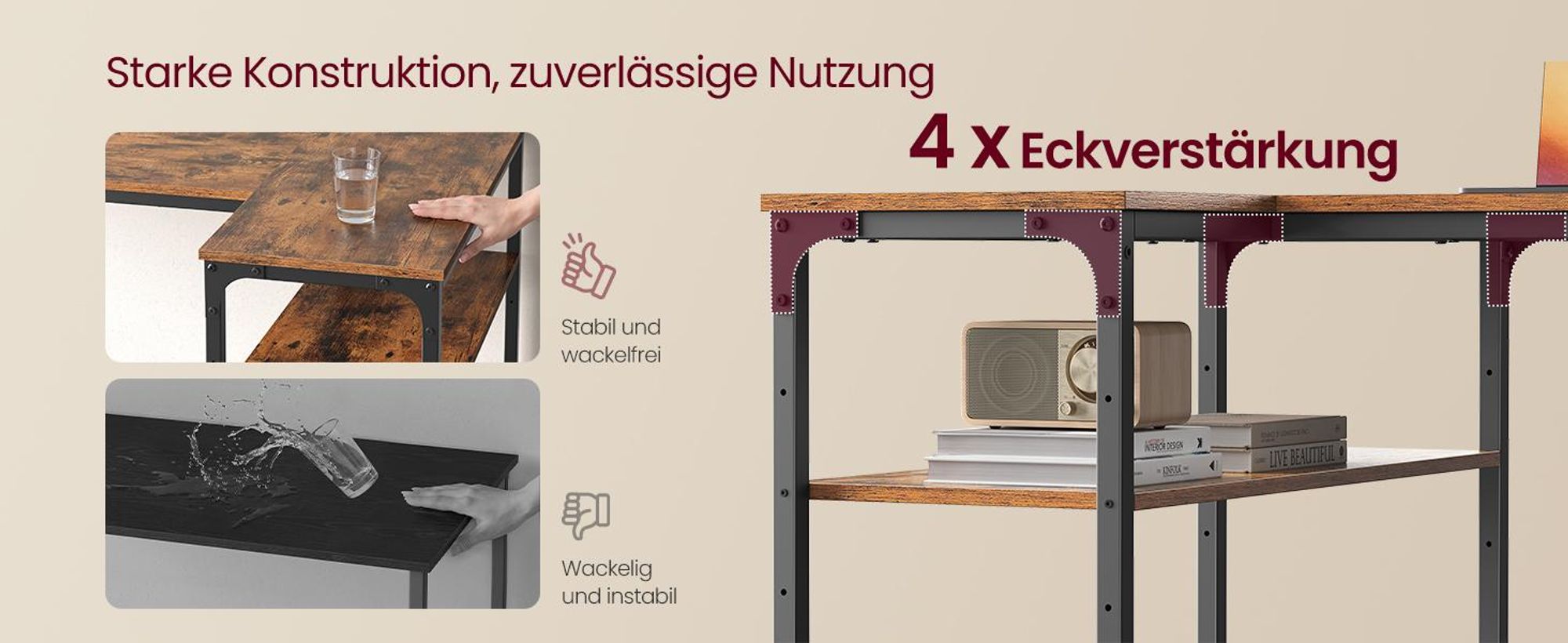 VASAGLE Schreibtisch mit Stauraum, L-Form Computertisch, höhenverstellbare Ablage, Büro, 110 x 80 cm, braun
