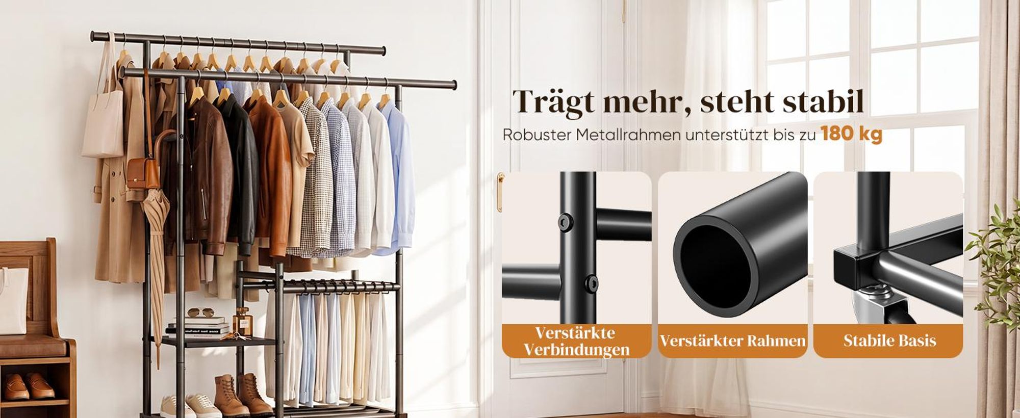 HOKEEPER Kleiderständer mit Doppelstangen, Holzablage, 180 kg Tragkraft