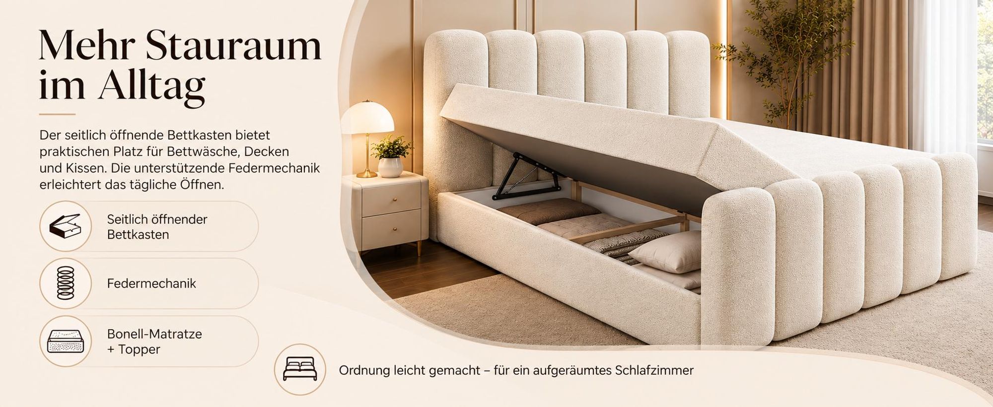 Boxspringbett 160x200 mit Bettkasten NOLA, Komplett-Set mit Bonell-Matratze H3 und Topper, Bouclé Creme
