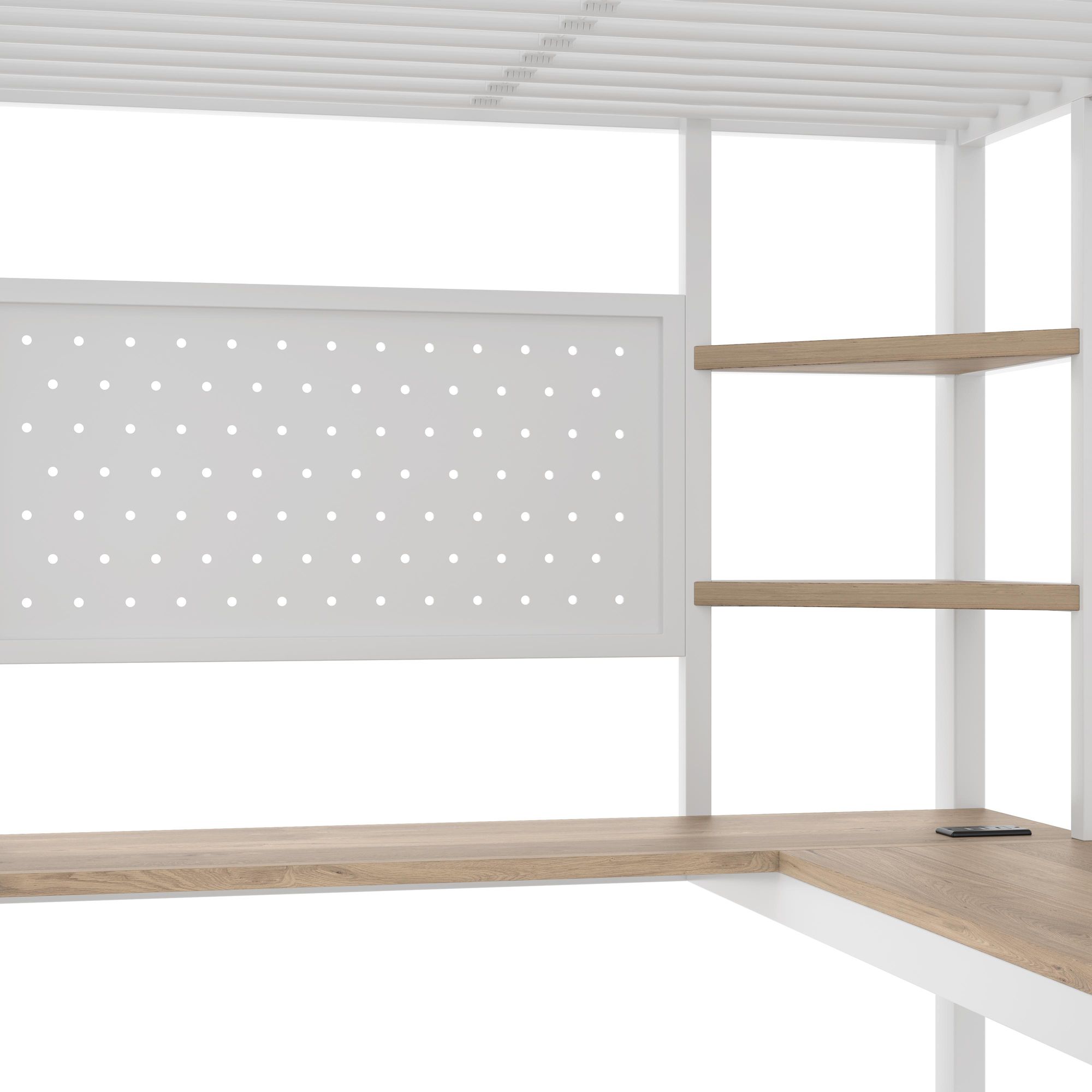 Merax Etagenbett Hochbett 90x200 cm, mit Schreibtisch, Lochbrett, Ablagen, Eisenbett mit LED-Leiste, USB & Type-C, Kinderbett, Stockbett, Weiß