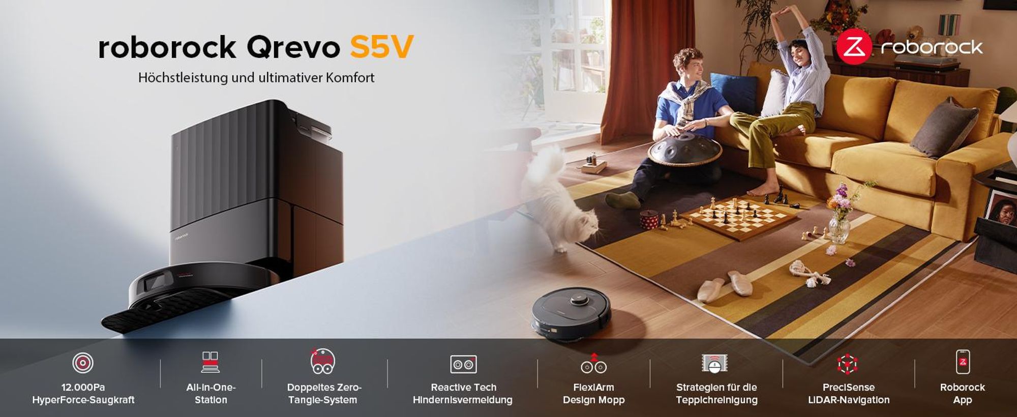 Roborock Qrevo S5V Staubsauger Roboter 12.000 Pa, Zero-Tangle System,Multifunktions-Dock,PreciSense-LiDAR-Navigation,Schwarz