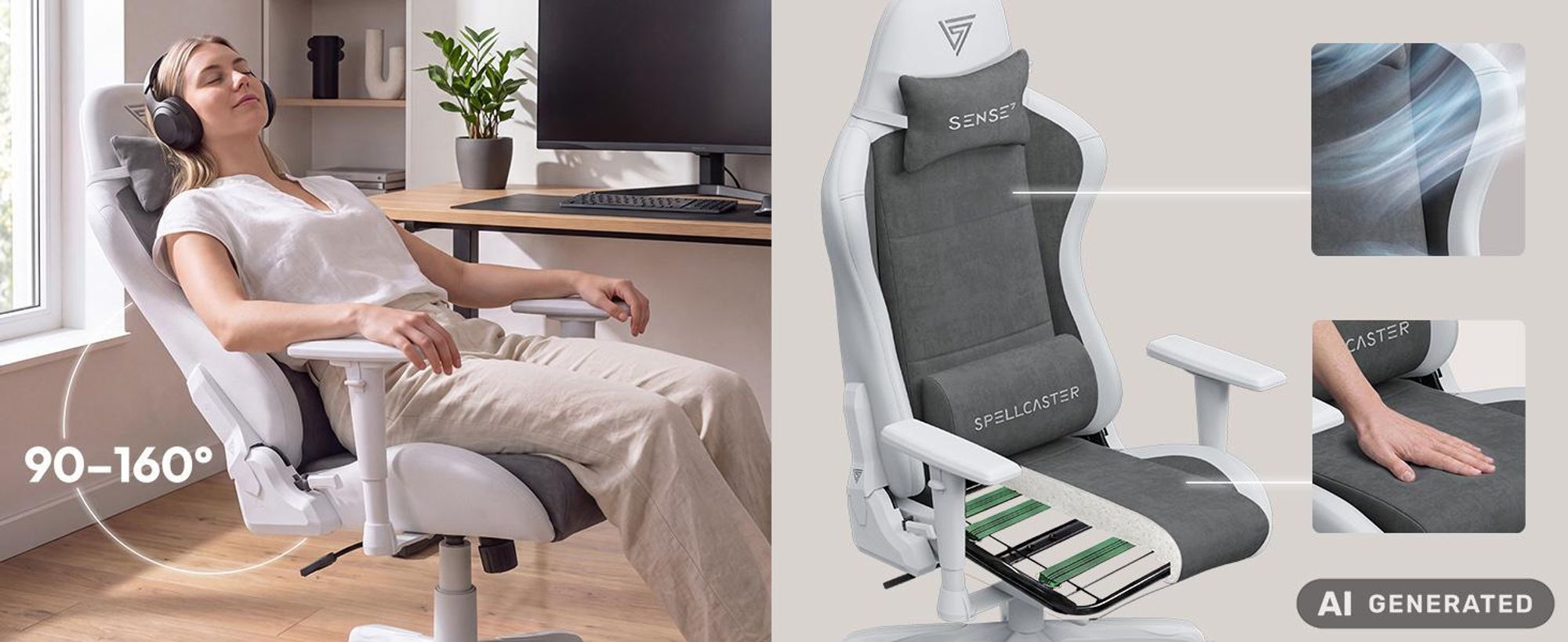 Sense7 Zaklínač FUKU: fotel gamingowy, krzesło gamingowe, krzesło biurowe, ergonomiczne krzesło biurowe, obrotowe krzesło, udźwig 120 kg, kolor biały i szary