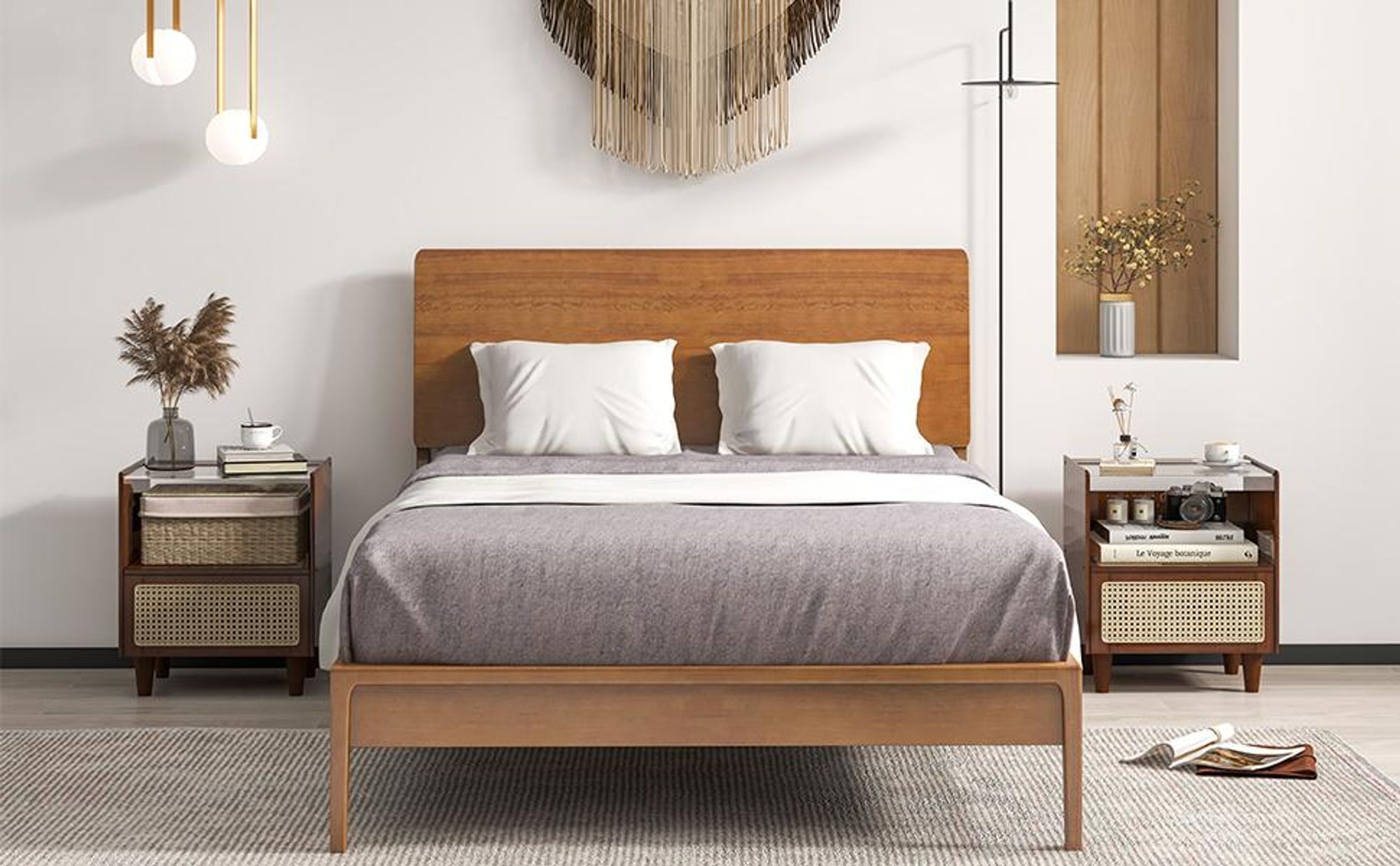 COSTWAY 2er Set Nachttisch aus Bambus & Rattan mit Schublade, Beistelltisch mit Glastischplatte und offenem Fach, Sofatisch, Nachtschrank, Boho-Nachtkonsole für Schlafzimmer, 43 x 35 x 50 cm