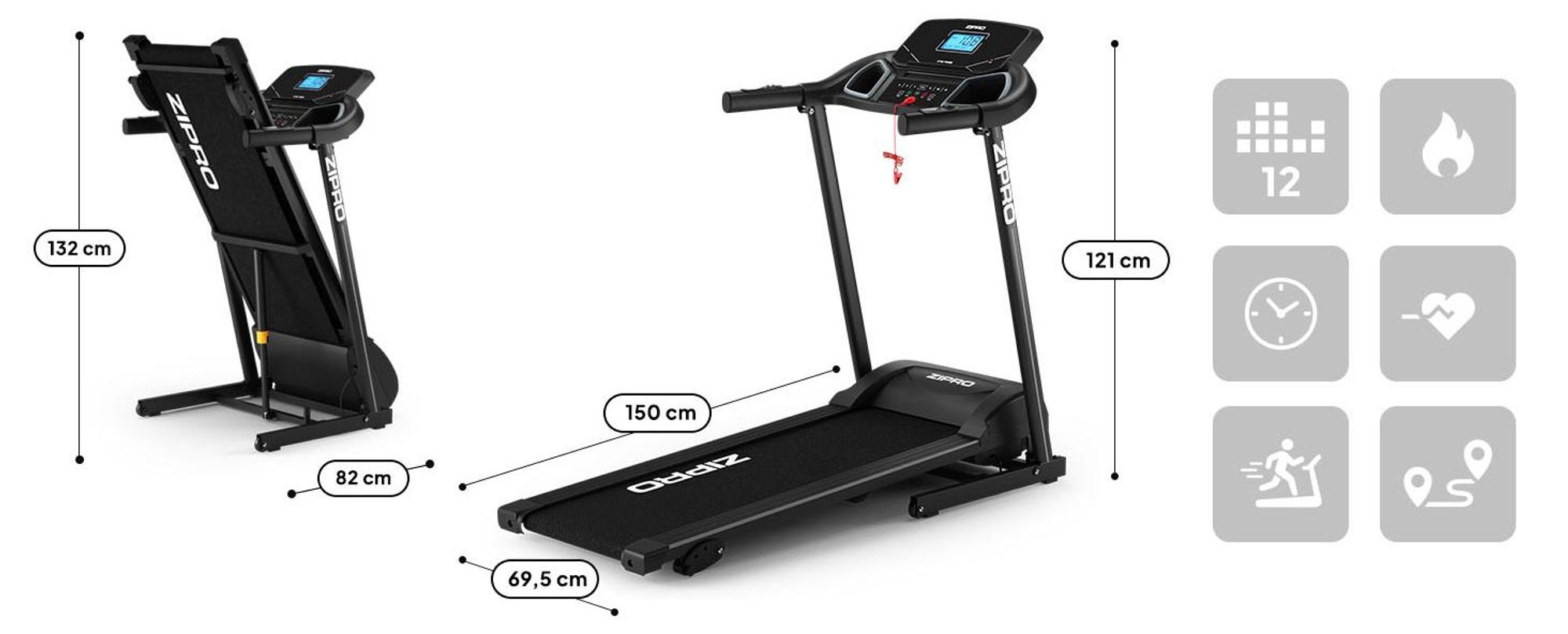 Zipro Laufband Elektrisch Colt – Klappbares Fitnessgerät für Zuhause Bis 12 km/h & 3-Stufen Steigung Leiser Motor mit Dämpfungssystem & Pulsmessung