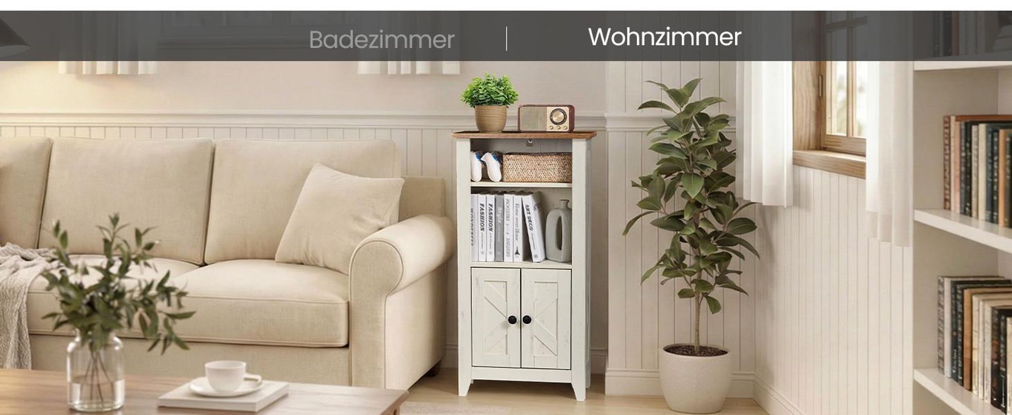 VASAGLE Badezimmerschrank im Landhausstil, Badschrank, offene Fächer, mit Türen, weiß-braun