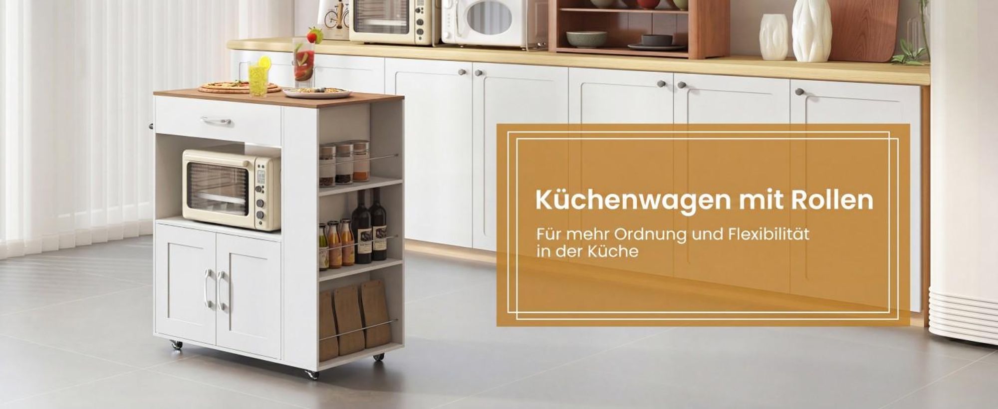 Küchenwagen auf Rollen, Kücheninsel Holz mit Arbeitsplatte, Servierwagen Rollwagen mit Schublade, Küchentrolley mit feststellbaren Lenkrollen (weiß)