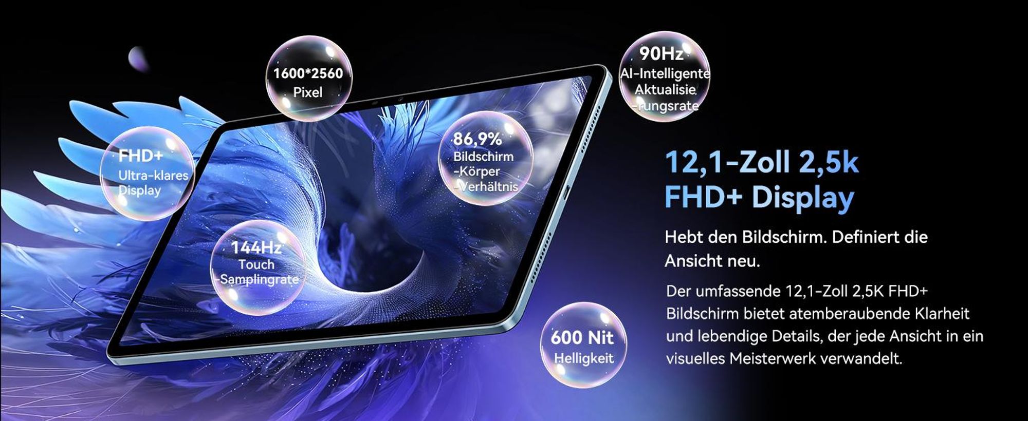 Blackview Mega3 Tablet incl. Stift/Hülle 12.1", 2.5K FHD, Android 15, 32GB (8 GB + 24 GB) RAM + 256 GB ROM, 8800mAh, 4G LTE, 50MP, Helio G100