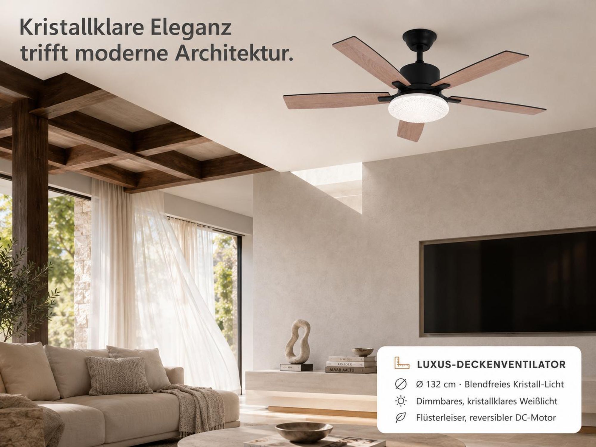 132 cm Deckenventilator mit Beleuchtung Holzoptik Ventilator Decke mit Licht Dimmbar 6 Stufen Leise Deckenlüfter Lüfter Lampe Wohnzimmer Schlafzimmer