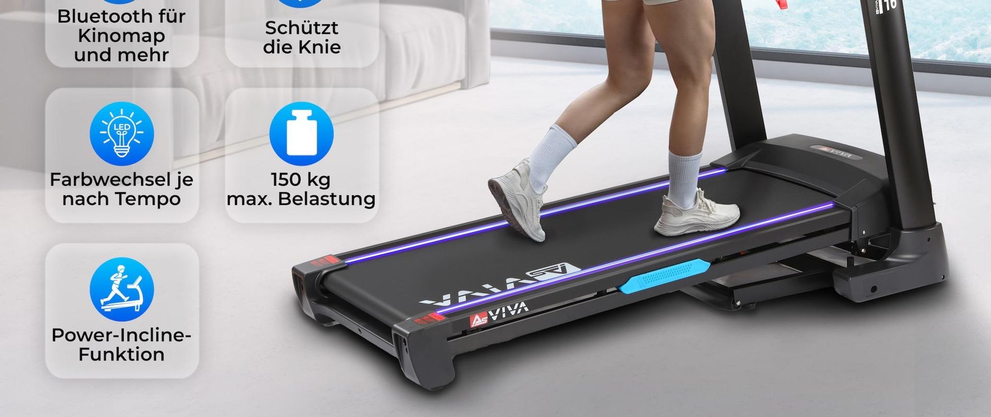 Laufband klappbar AsVIVA T16 Heimtrainer mit Bluetooth bis 18 km/h 18% Steigung bis 150kg für Zuhause