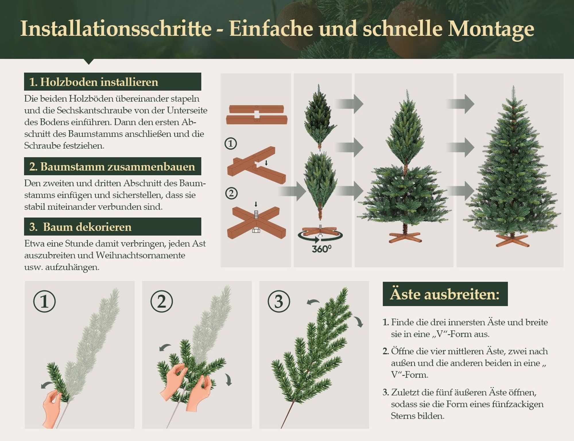Salcar 180 cm Künstlicher Weihnachtsbaum Christbaum PE PVC Nordmanntanne Tannenbaum mit Echtholz Baumständer