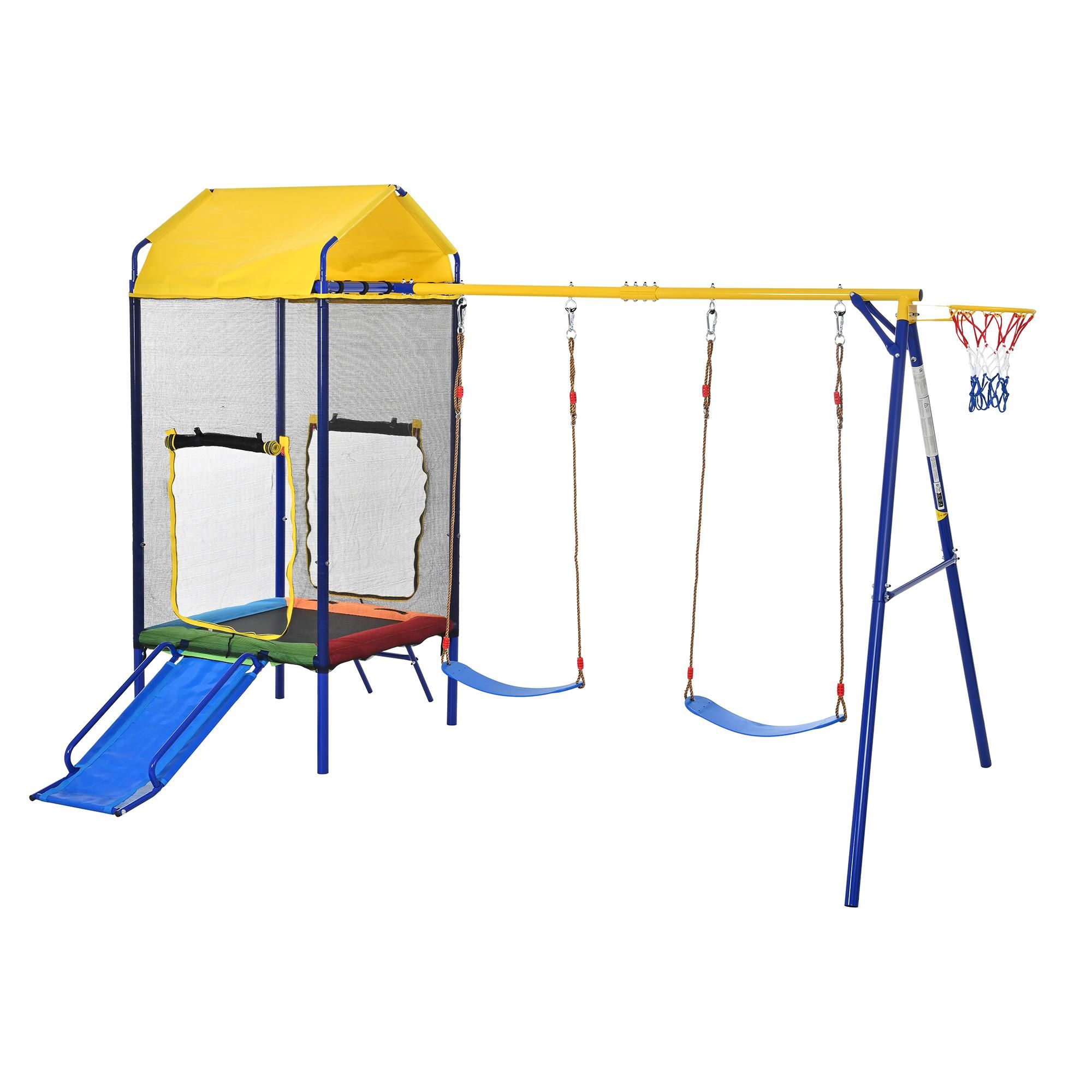 Flieks 4-in-1-Schaukelgestell, Spielturm mit Rutsche, Trampolin, Schaukel und Basketballkorb, Doppelschaukel Outdoor-Schaukel-Set, 336x217x238cm, Blau