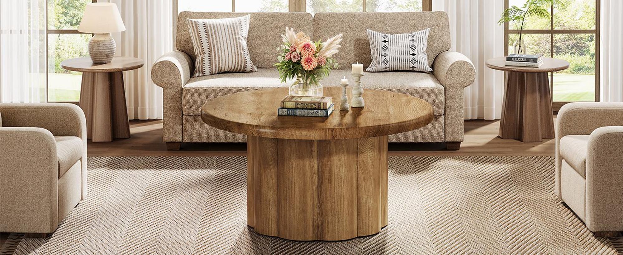 Tribesigns 80 cm runder Couchtisch, runder Cocktailtisch im Landhausstil, mit geriffeltem Trommelfuß, aus Holz für Wohnungen, kleine Räume, Braun