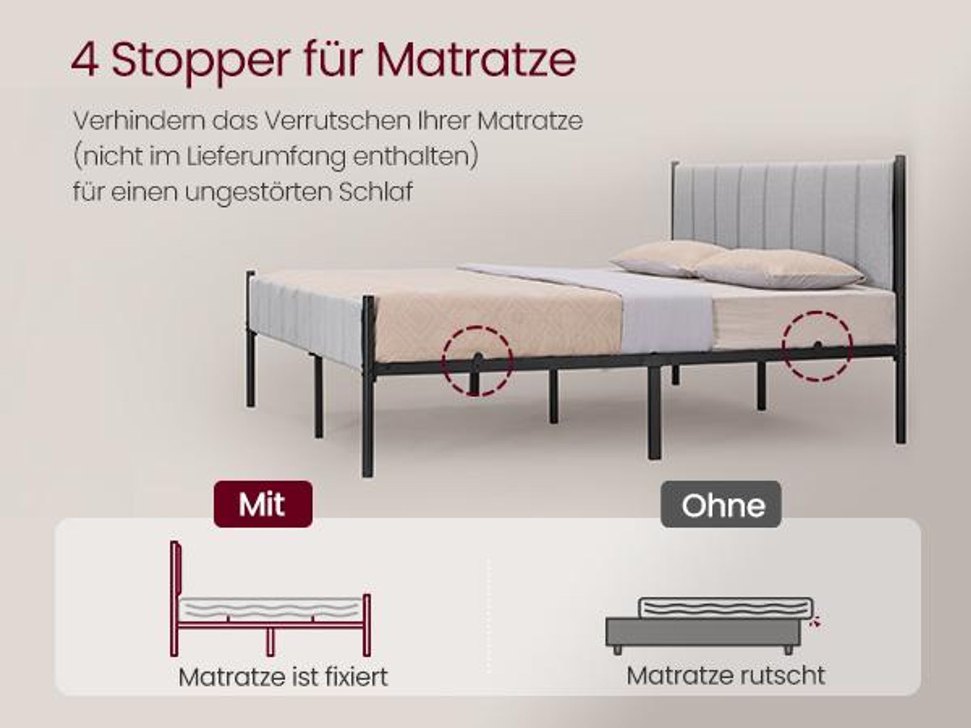 VASAGLE Doppelbettgestell, 160 x 200 cm, Bettgestell, mit gepolstertem Kopfteil, Bettrahmen, Stahl, trägt bis zu 500 kg, einfache Montage