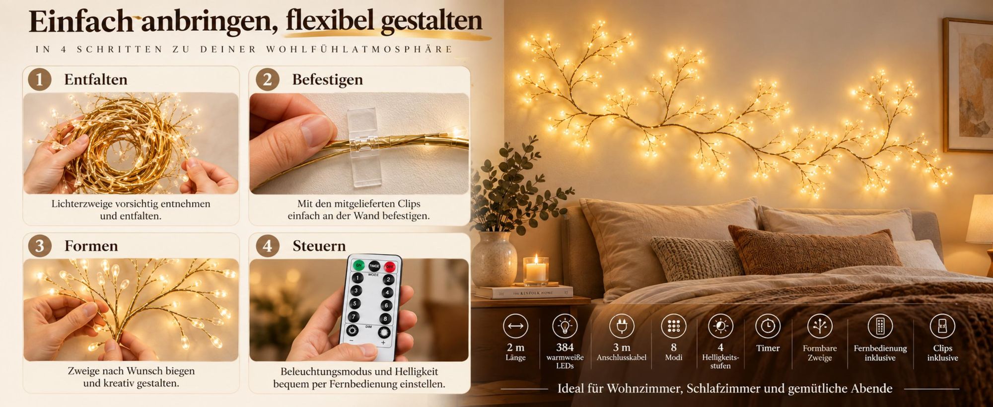 Goldene Lichterzweige, 2 m mit Stecker und Fernbedienung sowie 8 Lichtmodi und 4 Helligkeitsstufen für das Schlafzimmer