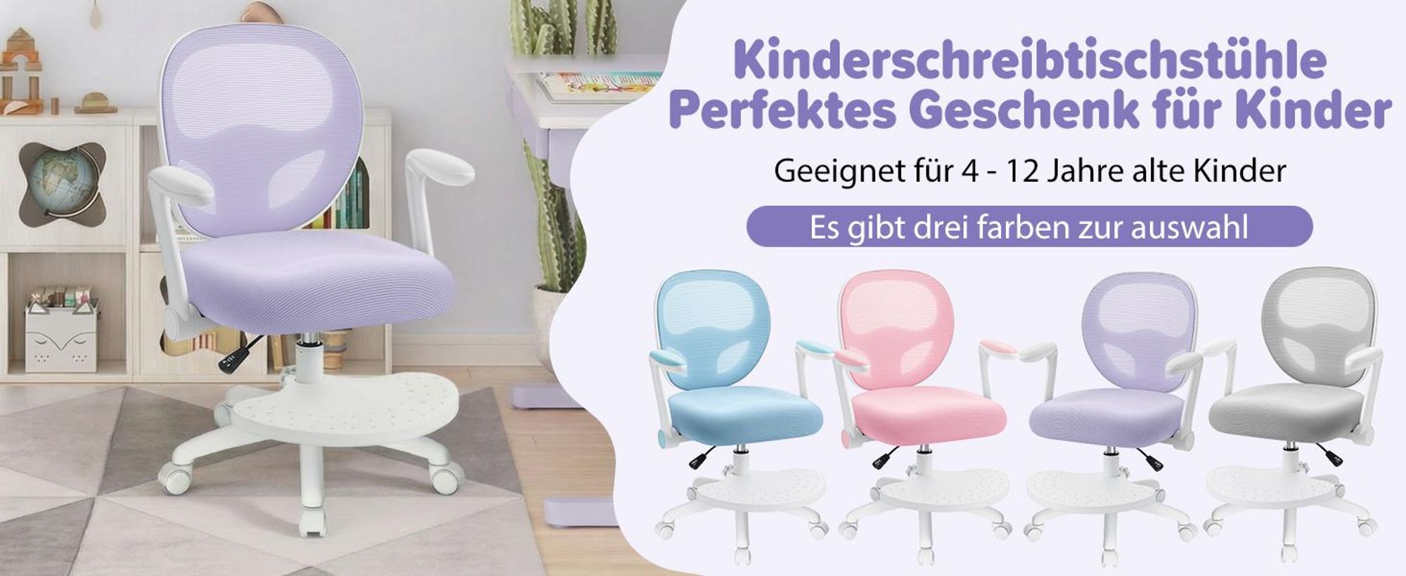 HOFFREE | Kinder Schreibtischstuhl Ergonomischer Kinderdrehstuhl | Fußablage | Höhenverstellbar | klappbaren Armlehnen | Lila