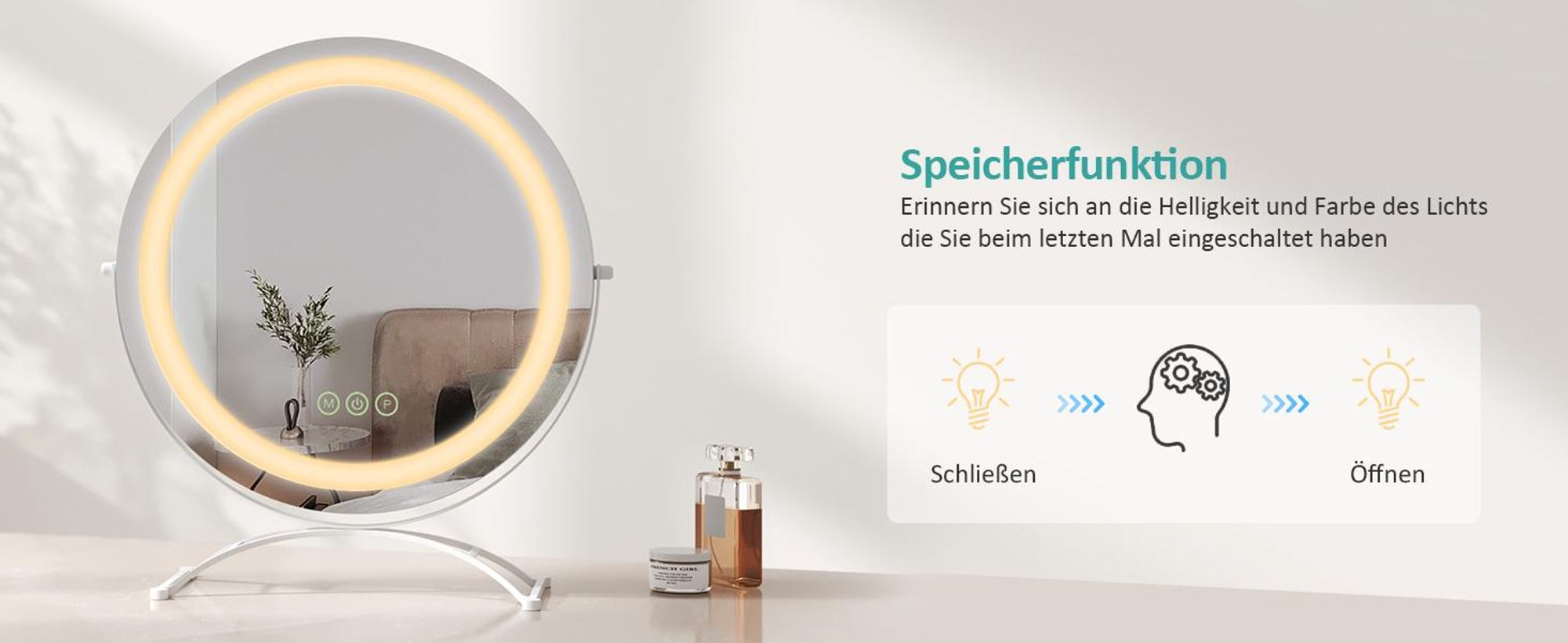 EMKE Schminkspiegel mit Beleuchtung, Hollywood Spiegel mit 3 Lichtfarben, Smart-Touch-Steuerung Schminktisch Spiegel mit Licht 360° drehbar, Einstellbare Helligkeit und Memory-Funktion (Φ400mm, Weiß)