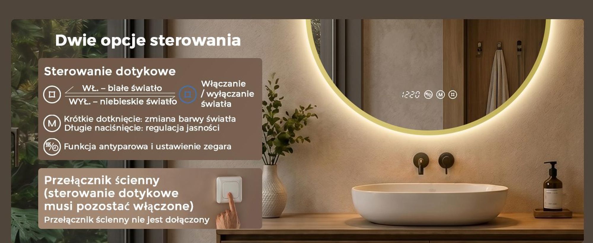 S'AFIELINA Lustro Łazienkowe LED 70 cm, Okrągłe, Złota Rama, 3 Barwy Światła, Regulacja Jasności, Antypara, Zegar, Wyświetlacz Temperatury