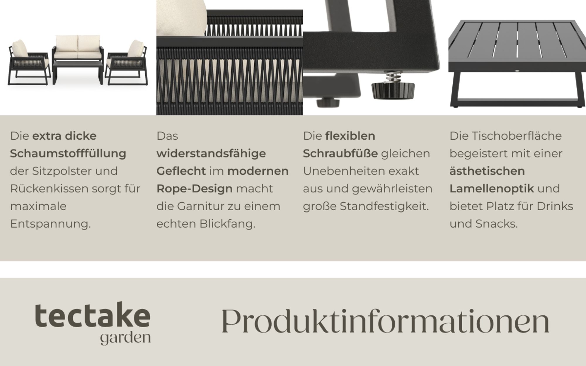 tectake® Aluminium Garten-Lounge Set Captive im Rope-Design