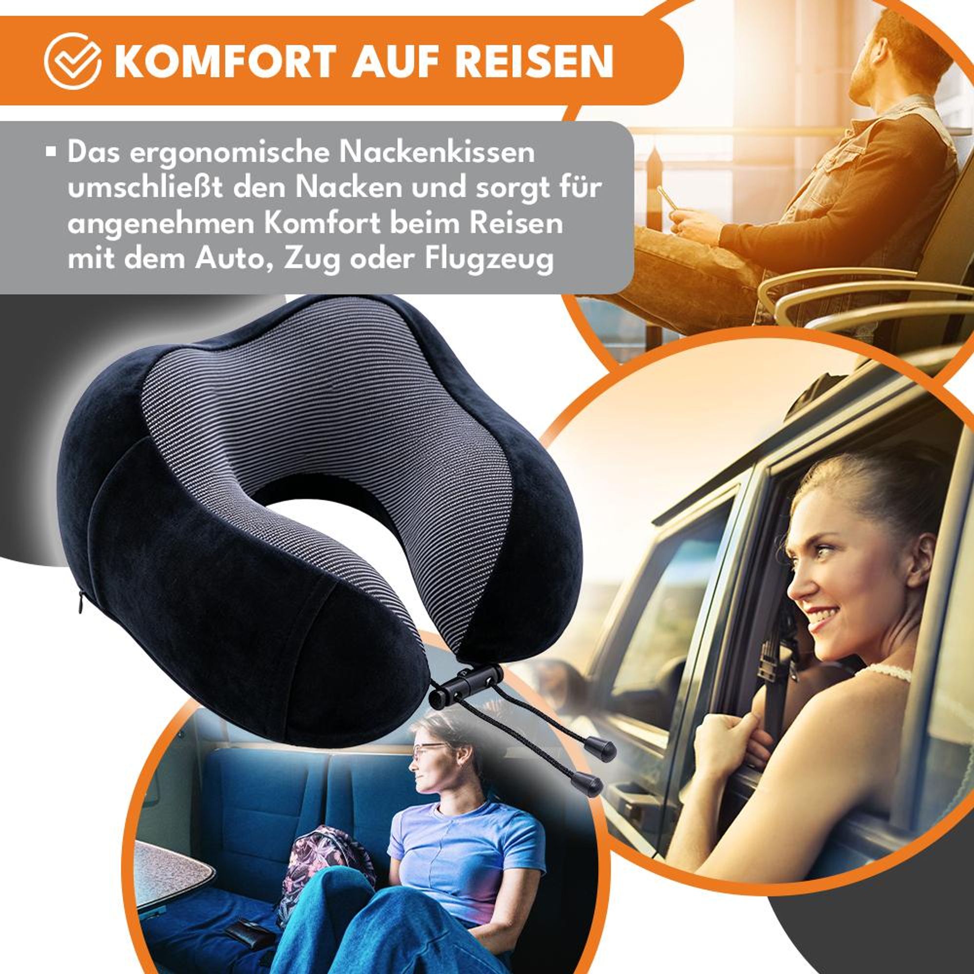 KRUMAD Nackenkissen Reise, Nackenhörnchen Flugzeug, Reisekissen für Flugzeug, Schaumstoff, Polyester, 3-er Set Nackenkissen, Augenmaske und Ohrstöpsel