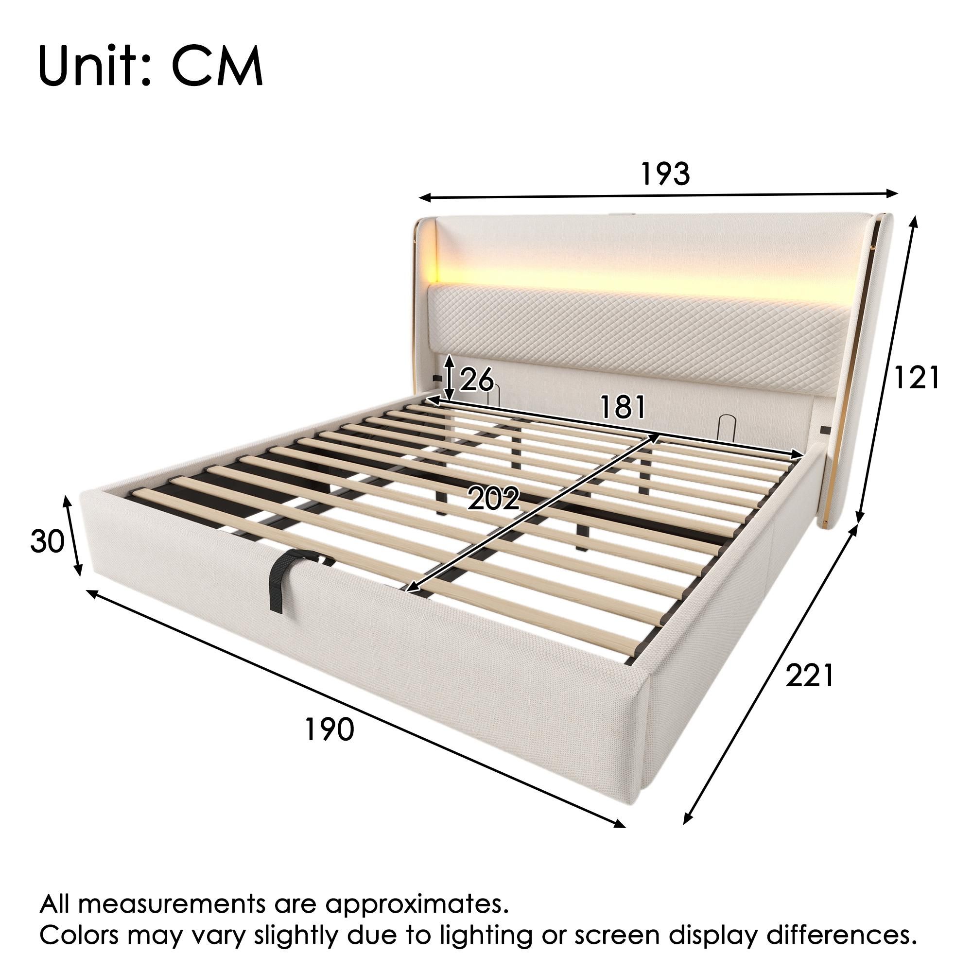 Flieks Hydraulisches Polsterbett 180x200cm mit USB/Type-C-Anschlüssen, Stauraumbett Doppelbett Jugendbett mit Led, Leinen, Beige