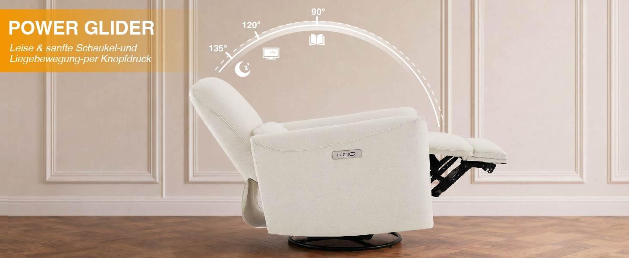 CHITA Elektrischer Relaxsessel, 270° drehbar, Fernsehsessel mit 90°-135° Liegefunktion, Schauckelfunktion, elektrisch verstellbar, OKEO-TEX, USB-Anschluss