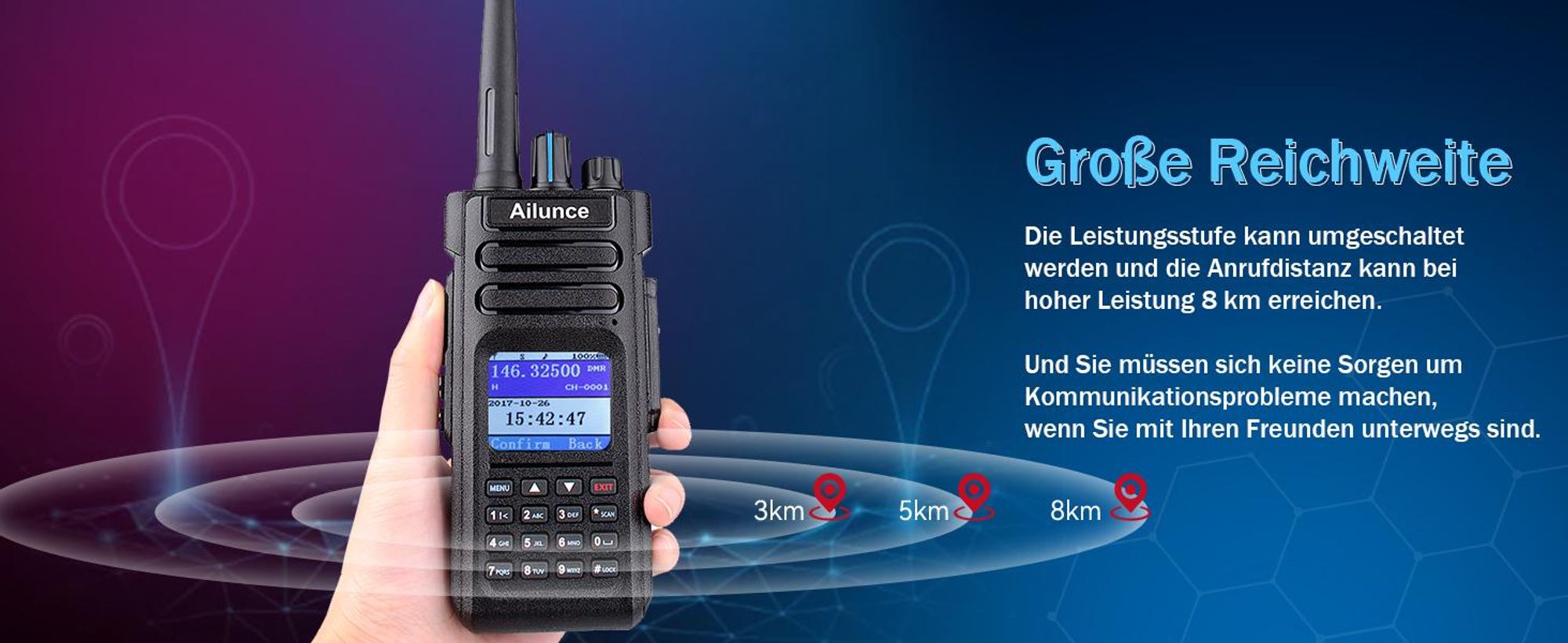 Retevis Ailunce HD1 Digitales Funkgerät, DMR Amateurfunk, GPS, Dual Band, 3200mAh, Type C, IP67 Wasserdicht, 16 Tasten DTMF