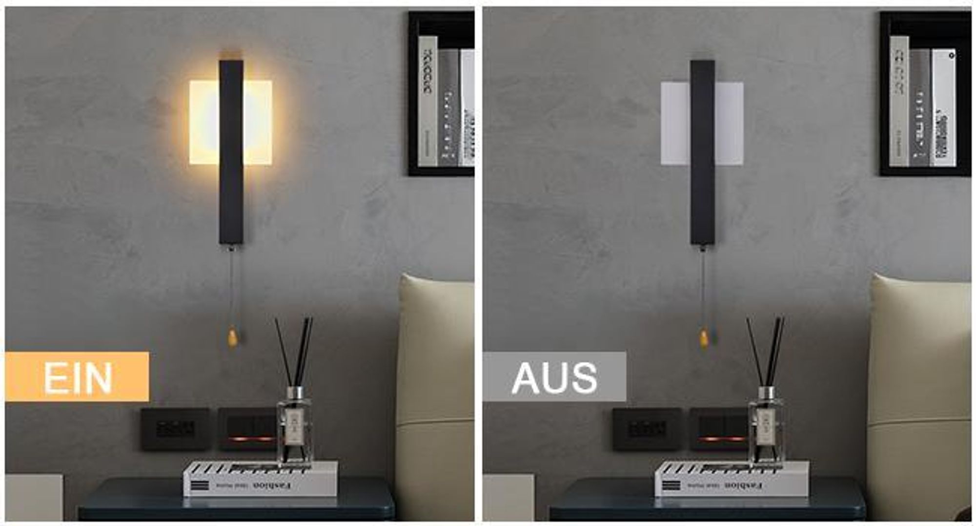 ZMH LED Wandleuchte Innen Wandlampe mit Schalter - Flurlempe Schwarz Modern Design Wandlampen Mit Zugschalter 3000K Warmweiß Quadratisch Wandbeleuchtung Eisen & Acryl 6W Schlafzimmerlampe für Flur