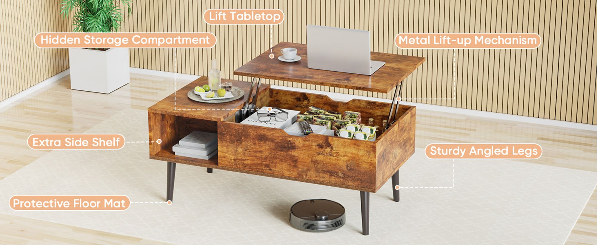 Sweetcrispy Couchtisch Höhenverstellbar, Qualität Wohnzimmertisch, Multifunktionales Coffee Table Ausziehbar, Couchtisch mit Stauraum,   (Braun)