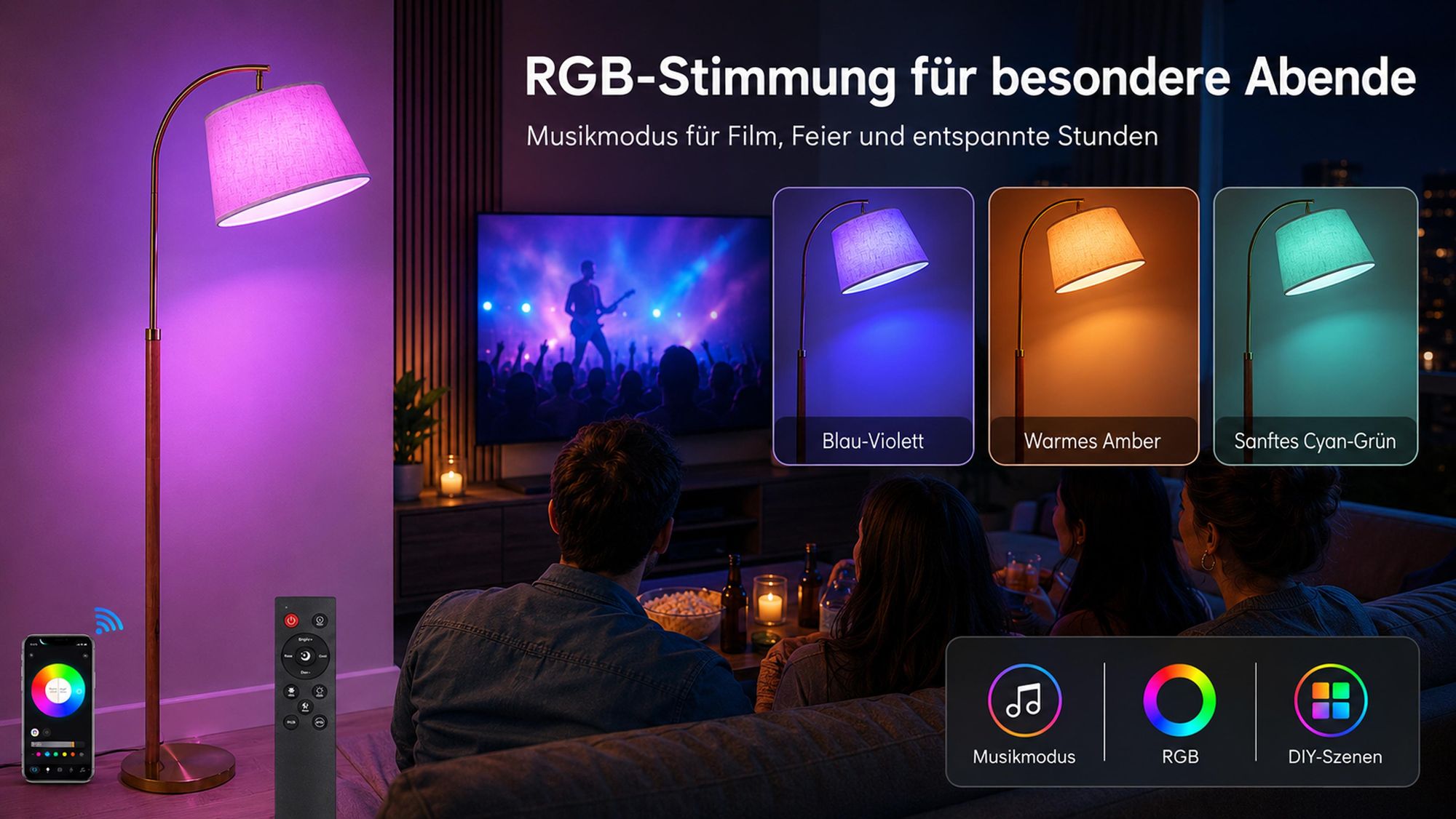 RGB Stehlampe Led Dimmbar aus Massivholz, 170cm, RGB+CCT, Smart App & Fernbedienung, Music Sync, Schwanenhals Leselampe Schlafzimmer Wohnzimmer Büro