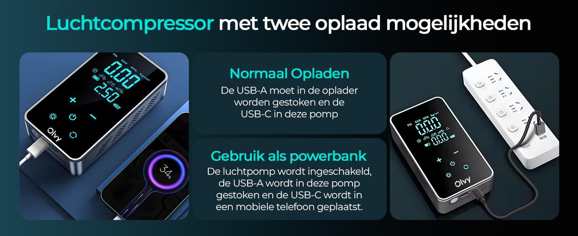 Olvy Luchtdrukpomp, Mini-bandenpomp, 7000mAh, Elektrische compressor, fietspomp, elektrische luchtpomp, mini-compressor, geschikt voor auto, fiets, ballen, en ook als powerbank