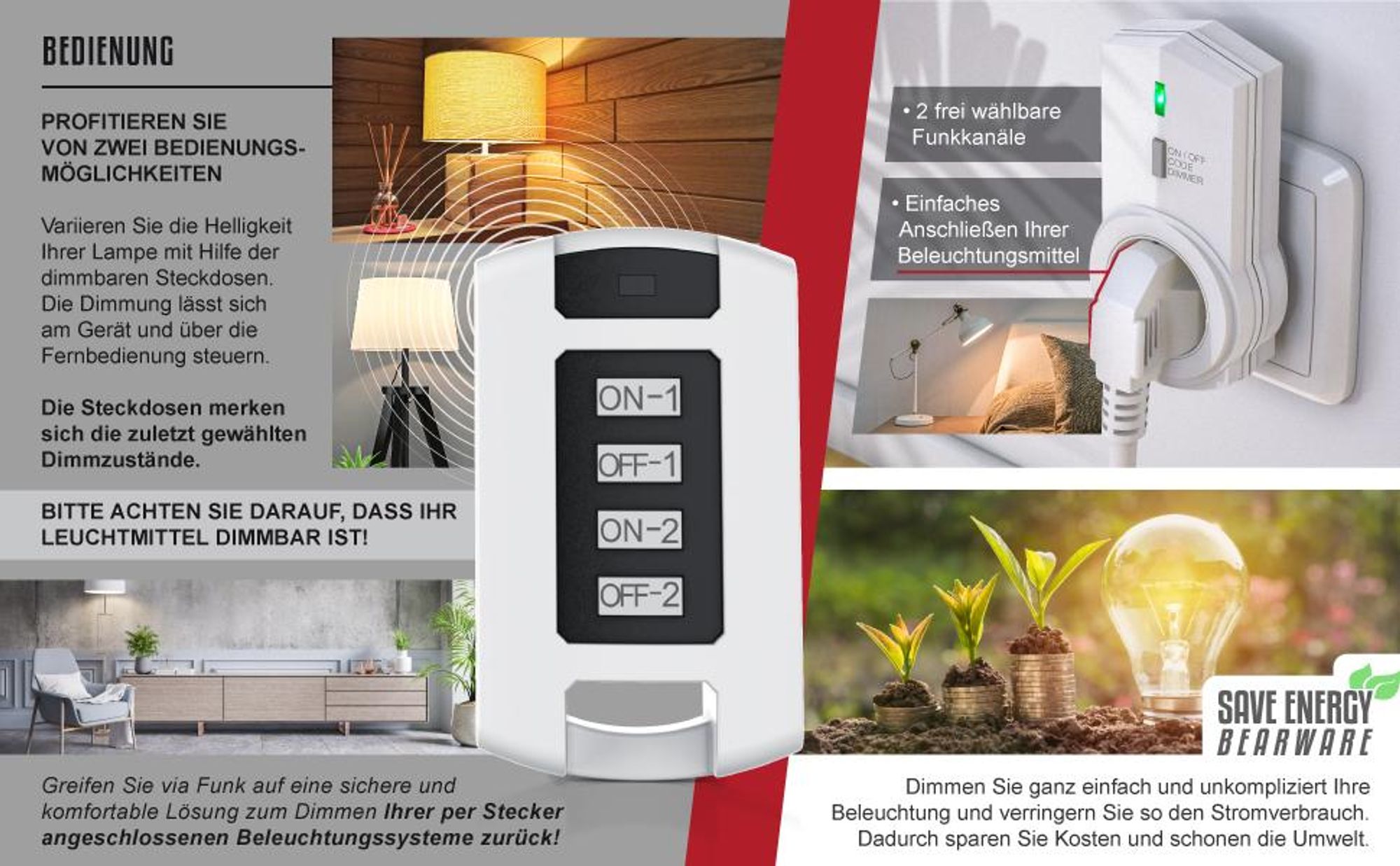 BEARWARE Dimmbare Funksteckdosen - Set mit Fernbedienung - 2er Set für den Innenbereich Indoor + 1 Fernbedienung - LED Statusanzeige - integrierter Berührungsschutz