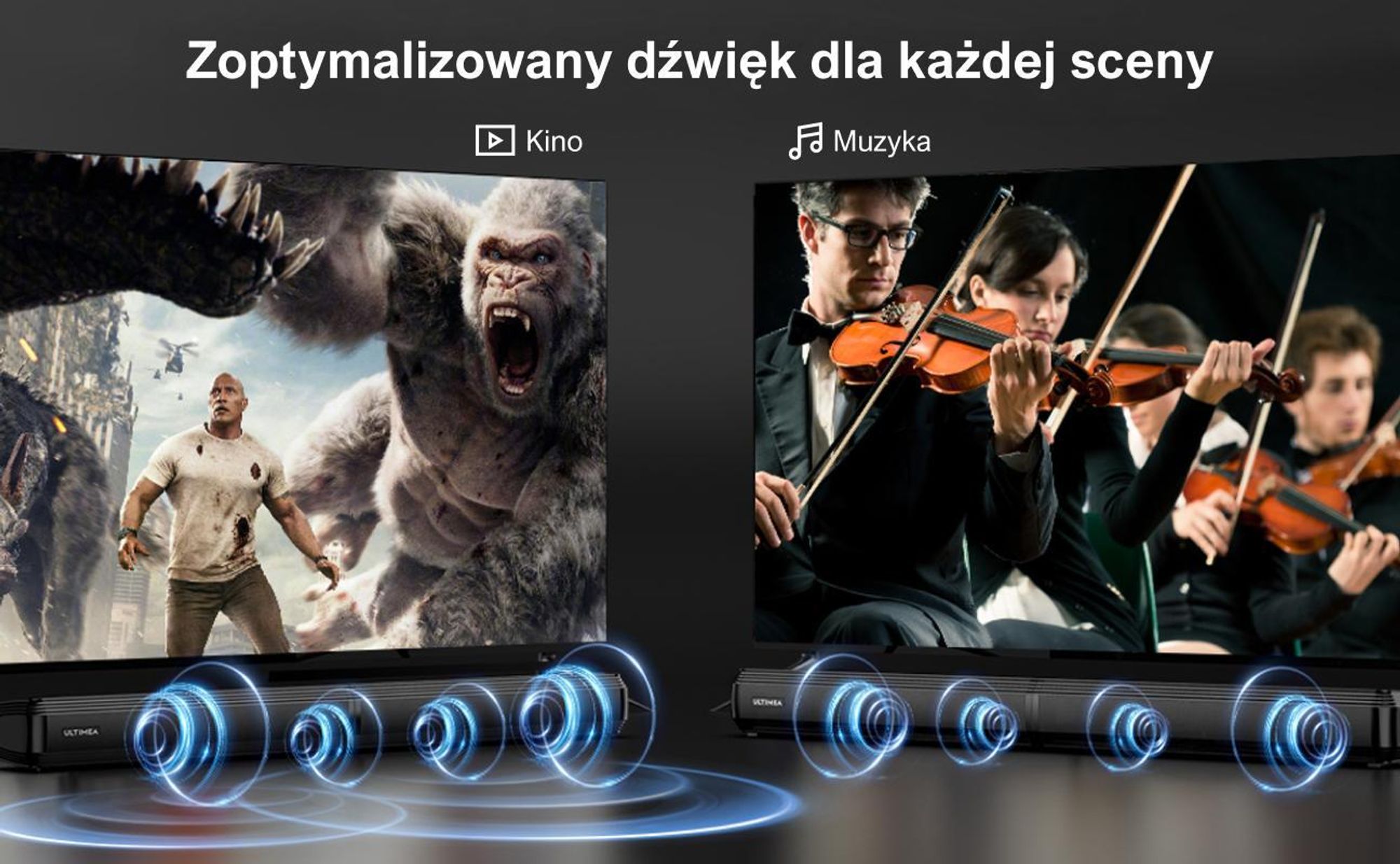 Soundbar ULTIMEA do telewizorów, dzielony soundbar 2 w 1 o mocy 100 W z Bluetooth® 5.3, głośnik telewizyjny z 3 trybami korektora i regulowanym basem, ARC/optyczne/Aux
