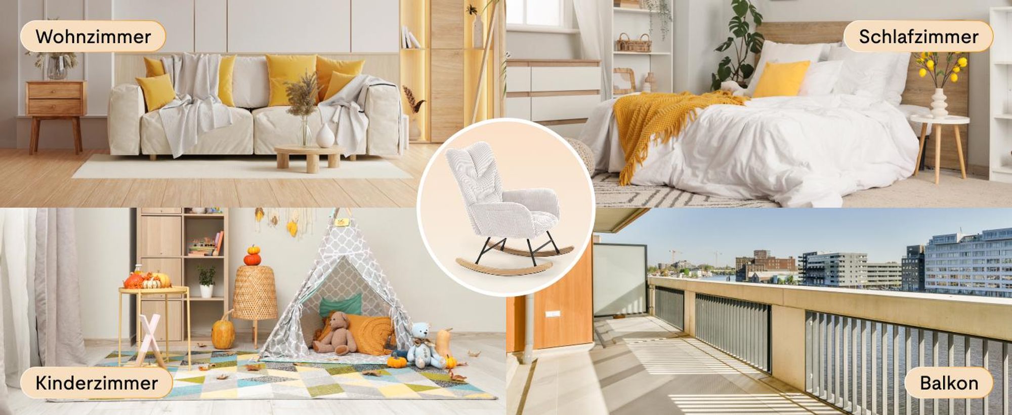 FLEXISPOT Schaukelstuhl Schaukelsessel hohe Rückenlehne & Armlehnen, Moderner Relaxsessel mit Holzkufen, gepolstert für Wohnzimmer, bis 120 kg Weiß
