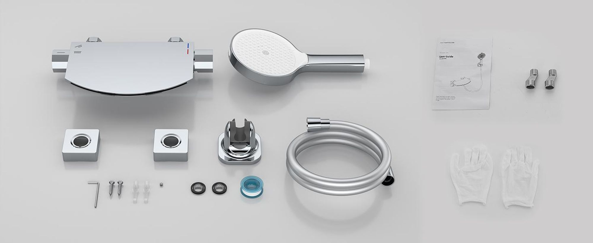 Homelody Brausebatterie-Set, Brausebatterie mit Handbrause & Ablage, Badewannenarmatur aus Messing Brausehalter und Brauseschlauch inkl. Verchromt