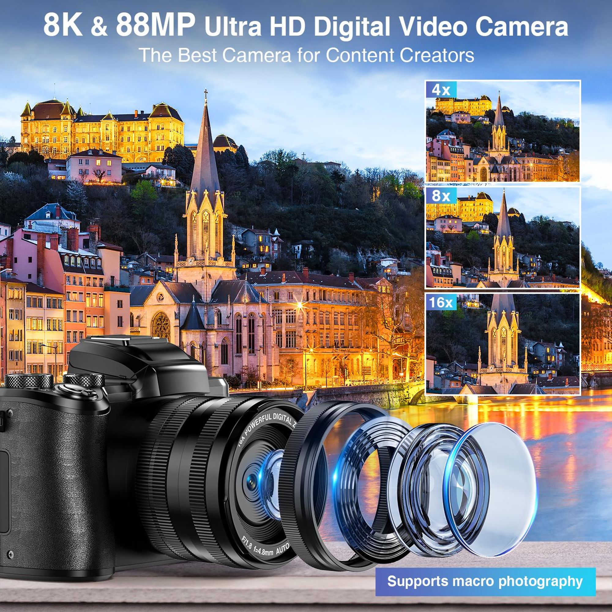 8K-Digitalkamera mit Autofokus, 88 MP, WLAN, professionelle Kamera mit zwei Objektiven und 16-fachem Digitalzoom sowie Touchscreen