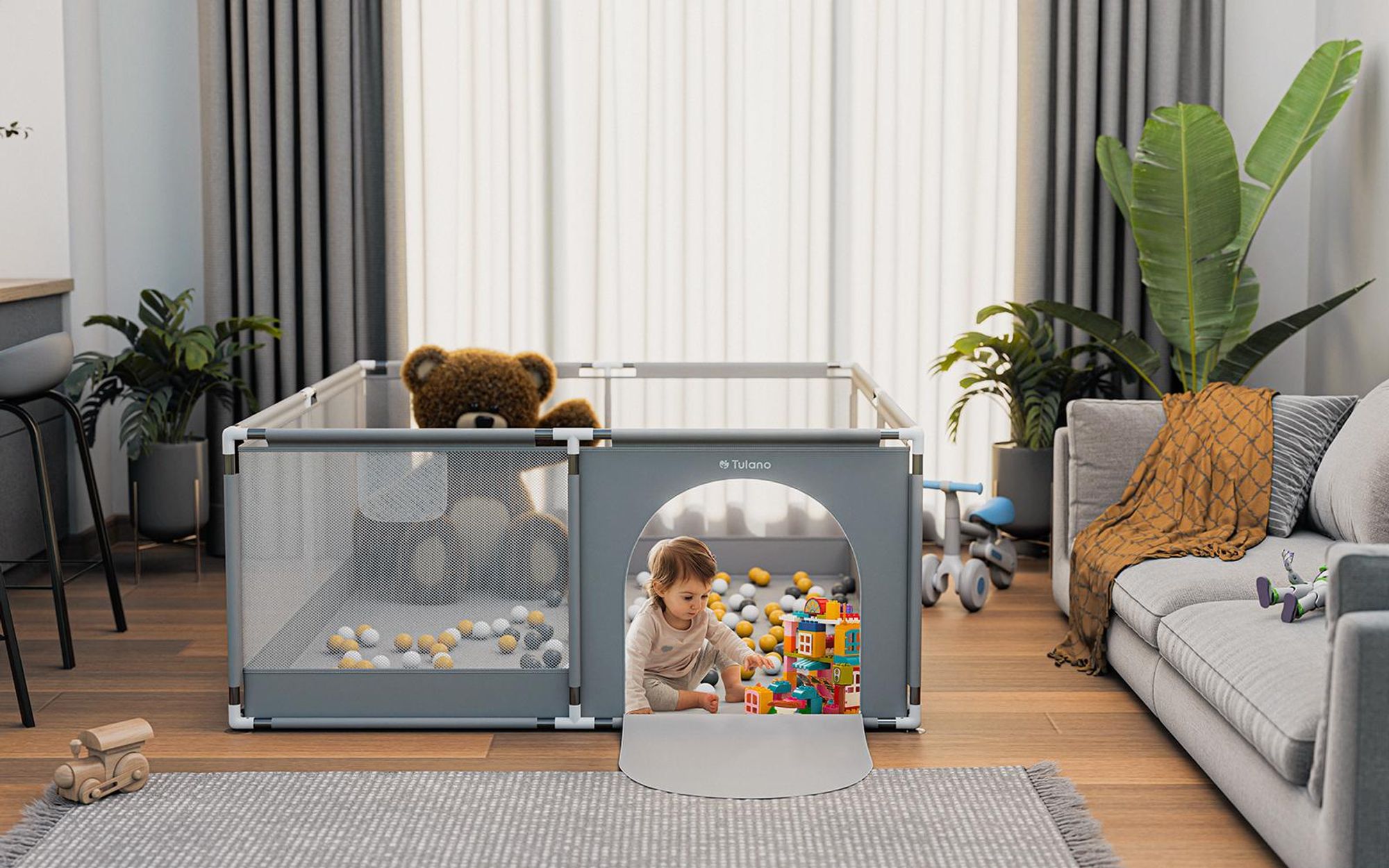 TULANO Cozy 25 | Laufgitter für Baby Kleinkinder Krabbelgitter Laufstall | Indoor Outdoor | Reißverschluss | Atmungsaktivem Netz | 150x180cm | Grau