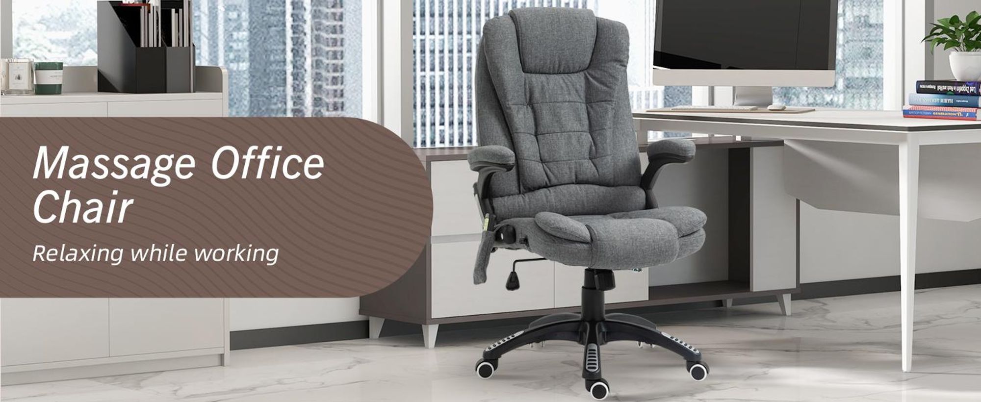 Fotel biurowy Vinsetto z funkcją masażu. Ergonomiczny fotel gabinetowy z funkcją podgrzewania, odchylania i bujania. Regulowana wysokość, obrotowy o 360°. Fotel komputerowy z kieszenią boczną, imitacja lnu, szary.