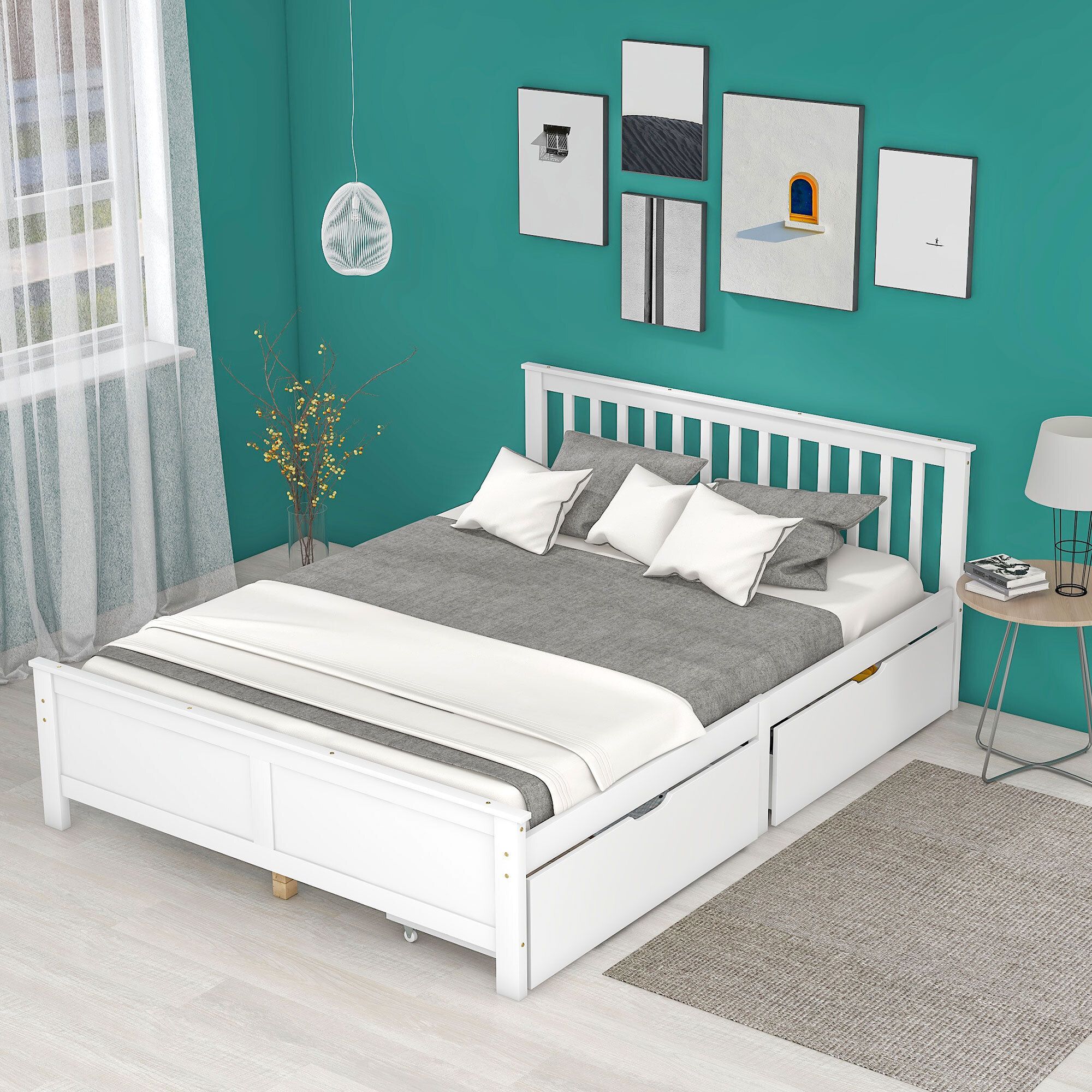 Flieks Holzbett Doppelbett Bettgestell 140x200cm, Jugendbett mit Lattenrost und 2 Schubladen Klassisches Bett, Massivholzbett für Ehe Erwachsene, weiß