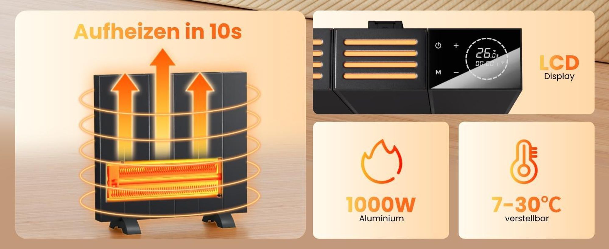 EMKE® Elektroheizung 1000W LCD Display Elektro Konvektor Anthrazit WiFi + Alexa/Google Home Standgerät+Wandmontage Anthrazit Elektroheizkörper für 9m²