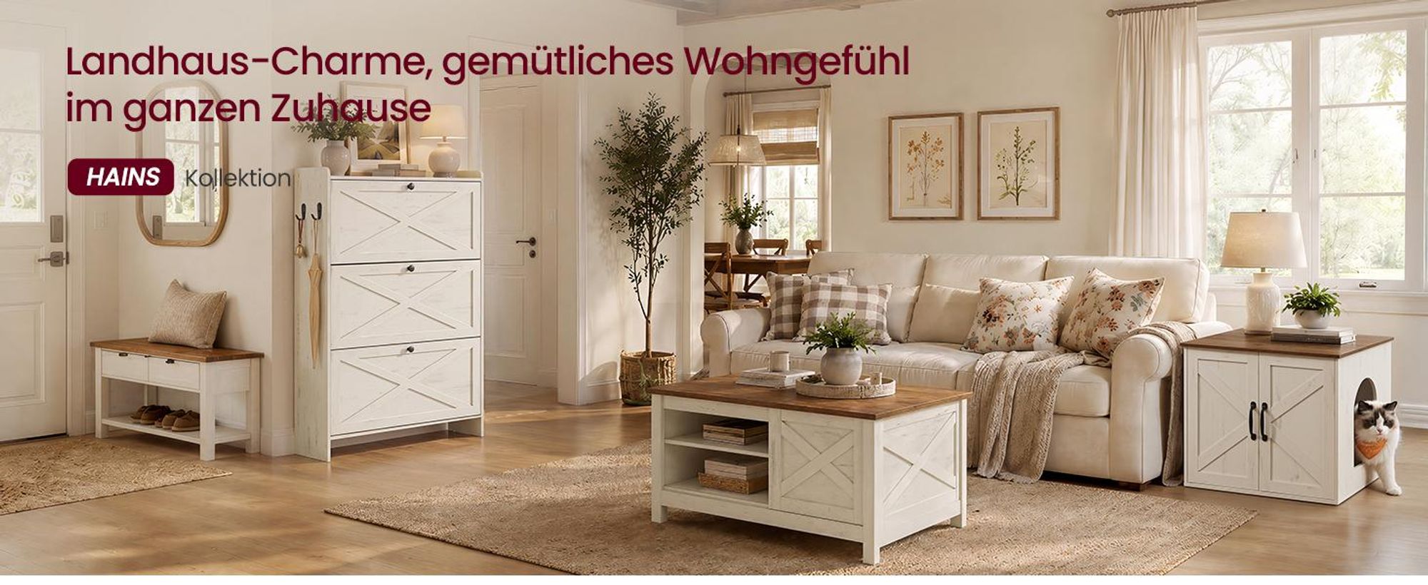 VASAGLE Schmaler Schuhkipper mit 3 Klappen, Landhausstil für 24 Paar Schuhe, 83 x 24 x 142,6 cm, Weiß